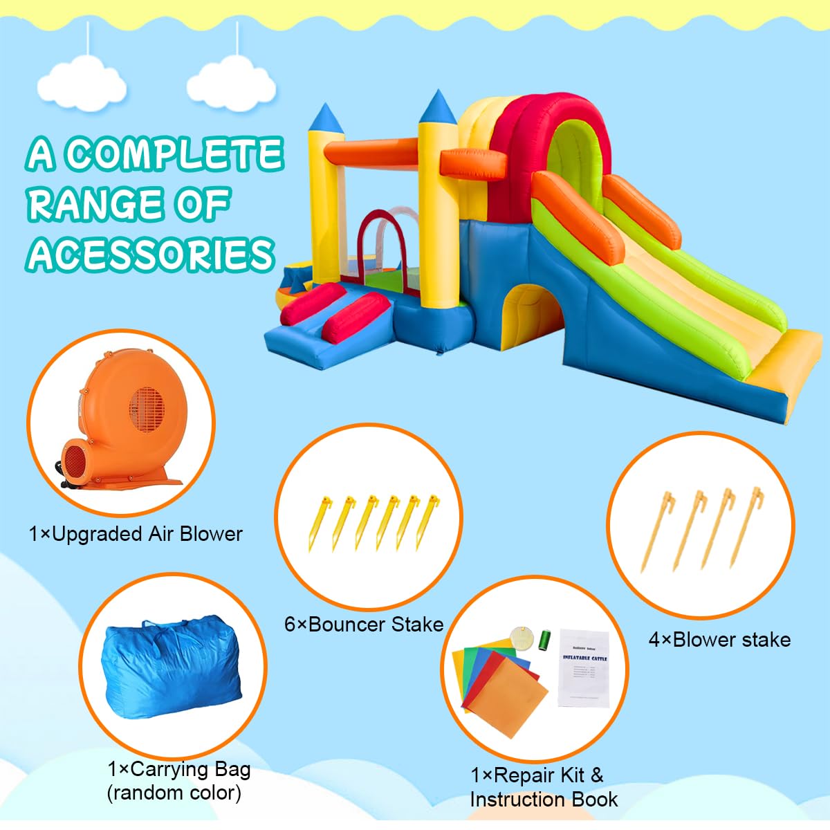 Hongcoral - Castillo inflable 8 en 1 con soplador grande para niños y niños, con dos toboganes inflables para interiores y exteriores, con dos toboganes