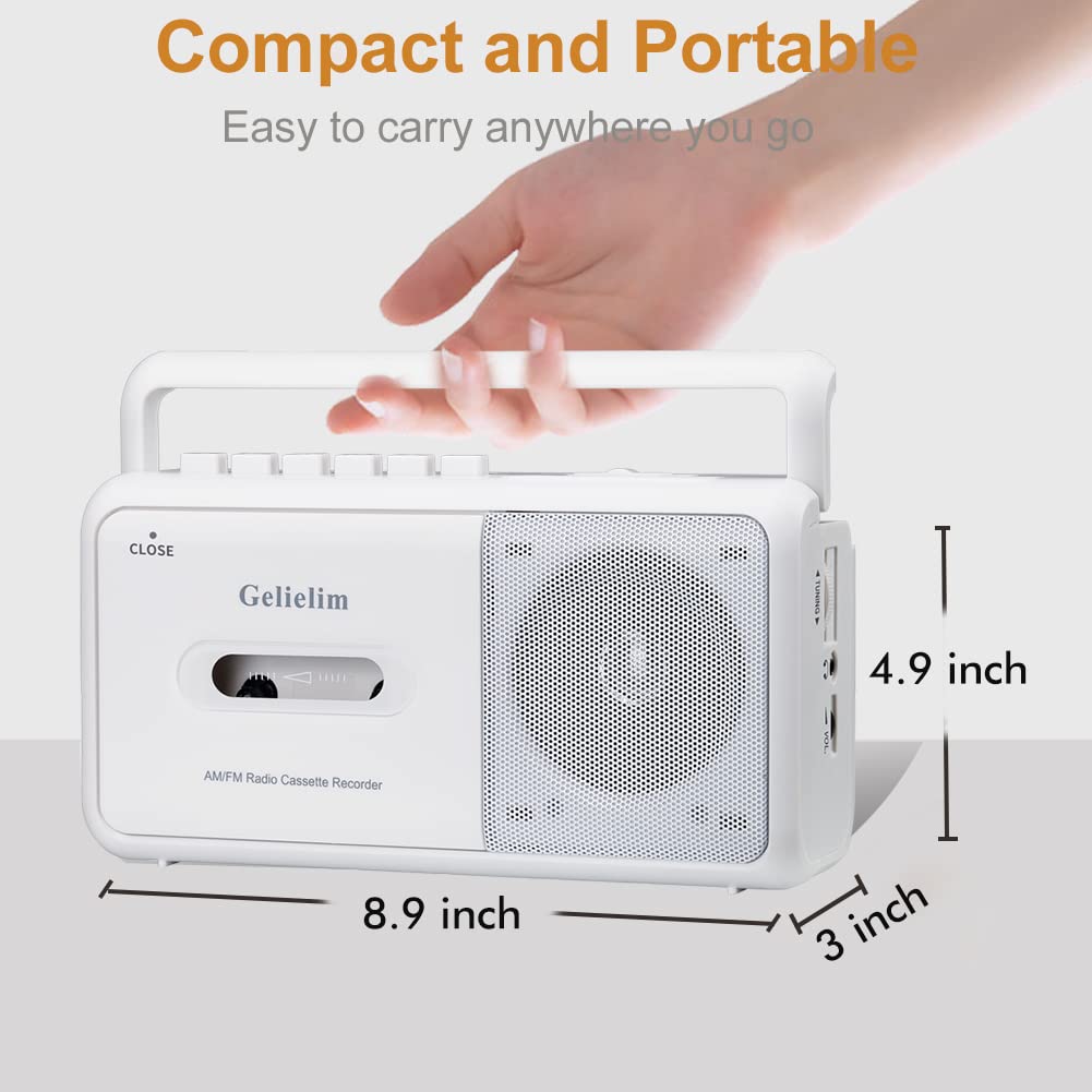 Gelielim Boombox - Reproductor de cassette, radio estéreo portátil AM/FM, reproductor de cinta de casete con altavoz grande y conector para auriculares, funciona con pilas o reproductor de cinta con alimentación de CA