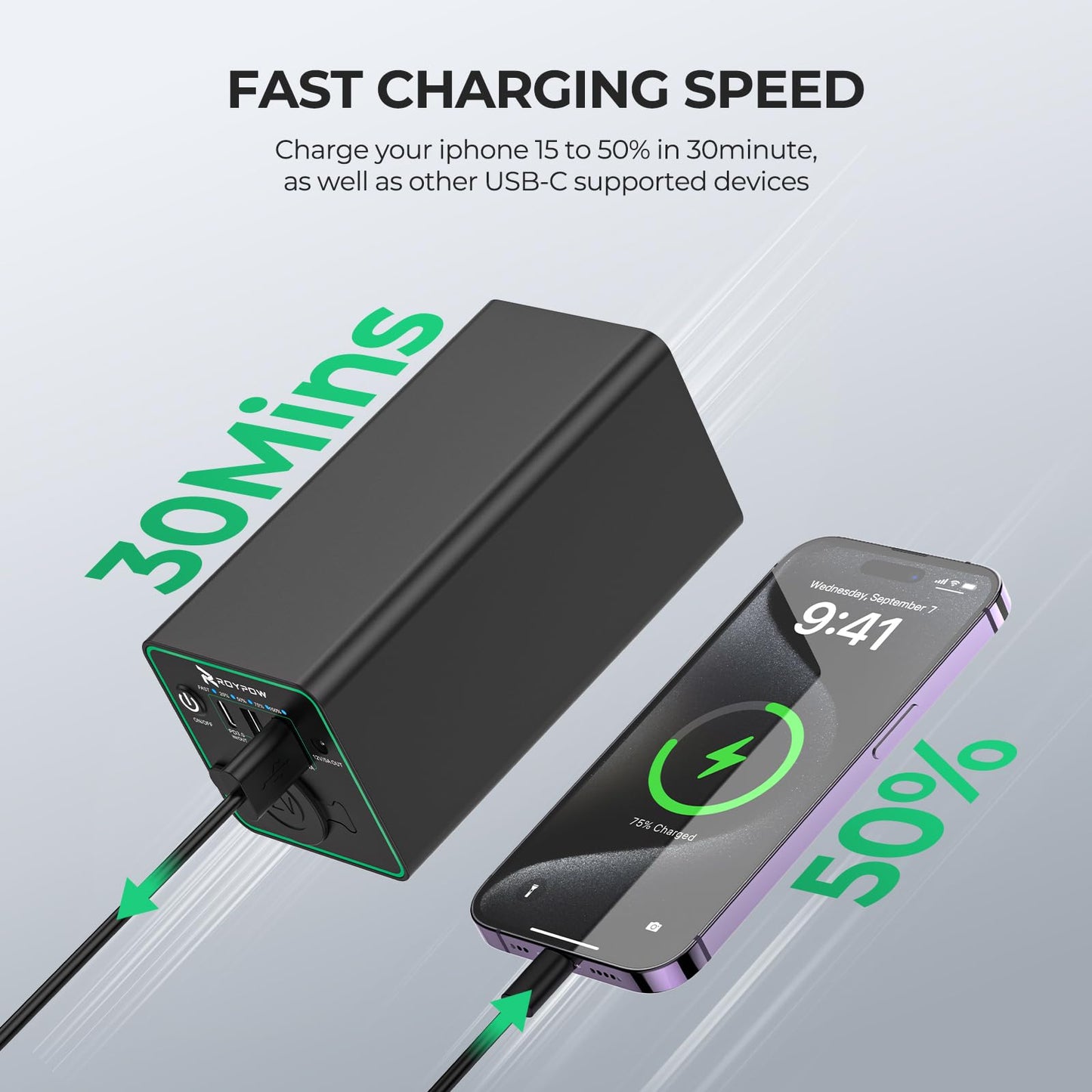 Banco de Energía RoyPow 30 W Negro con Enchufe de Encendedor de Cigarrillos y USB C para Portátil