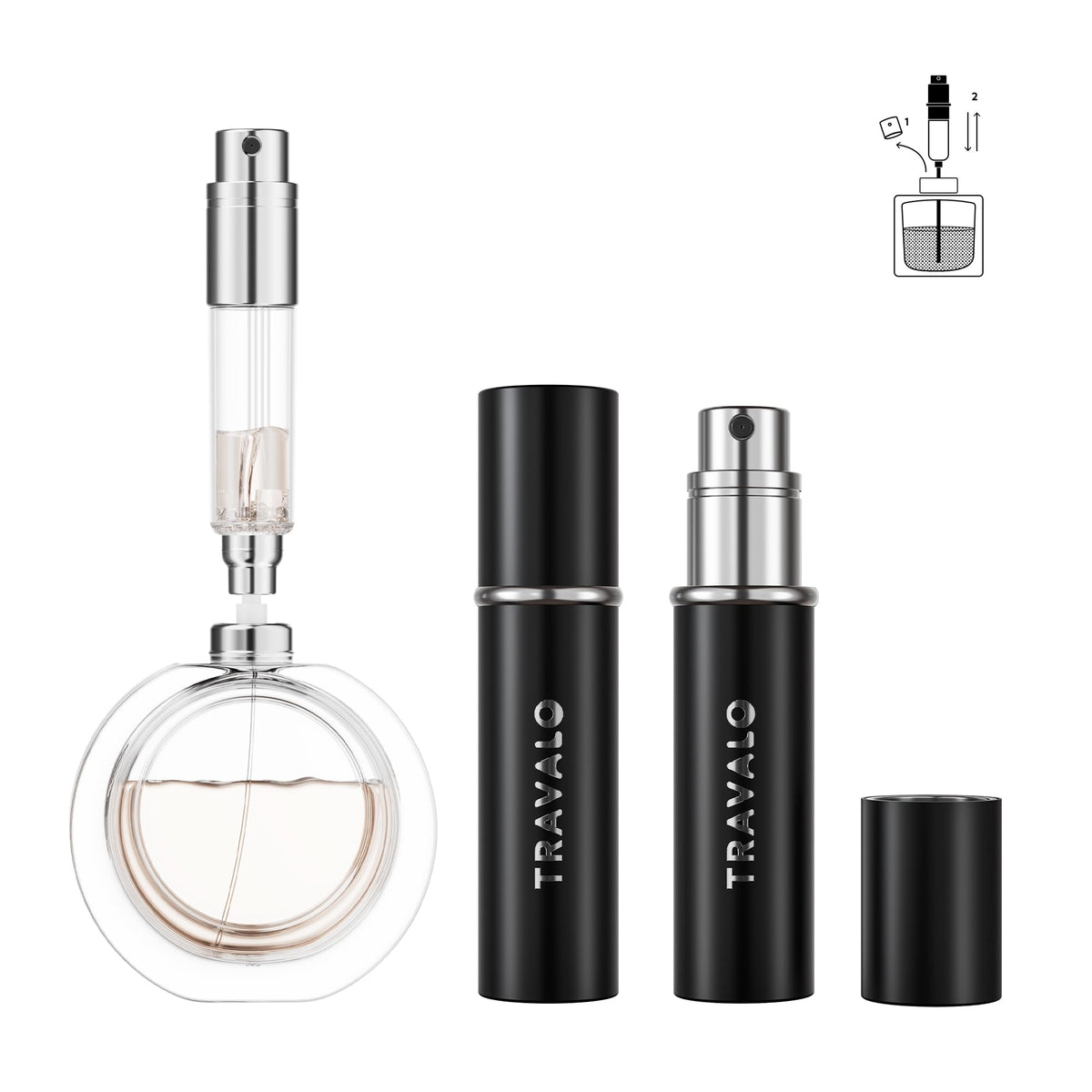 Atomizador de perfume recargable, botella de perfume con relleno inferior, mini dispensador de colonia, tamaño de viaje, pulverizador portátil para mujeres y hombres, regalo (ESSENTI, negro)