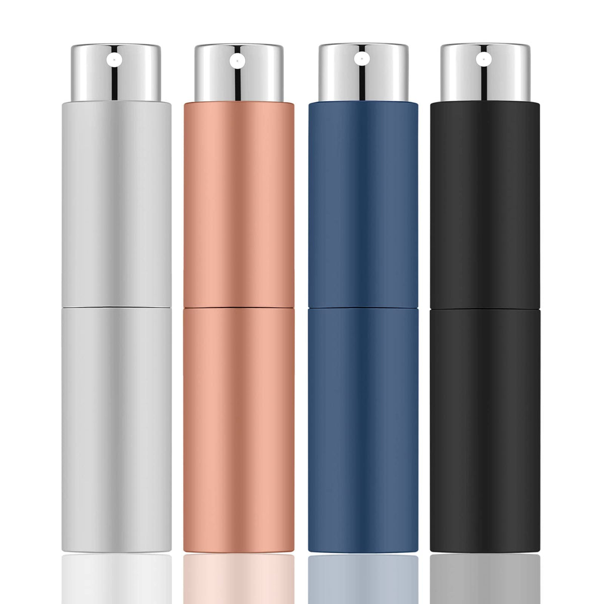 Lil Ray Mini botella atomizadora portátil de 8 ml (4 unidades), atomizador recargable de viaje para perfume, cologn, fragancia con diseño de giro (negro mate y oro rosa y azul y plata)