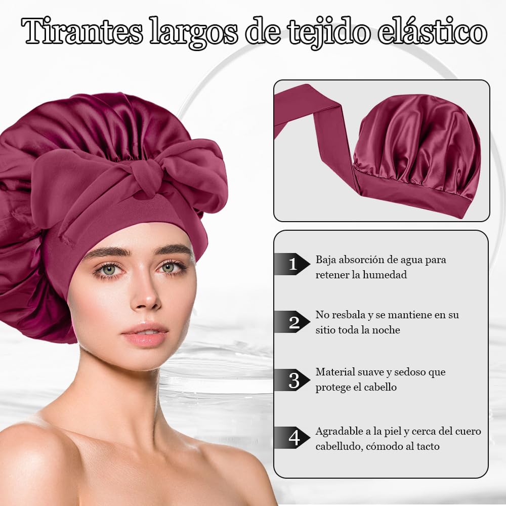 Gorro de Seda para Dormir, Para El Cabello Largo Bonnet Ajustable para Mujer，capó ajustable de satén，Capos grandes de seda satinada para dormir con correa de corbata, Adecuado para Dormir, Bañarse