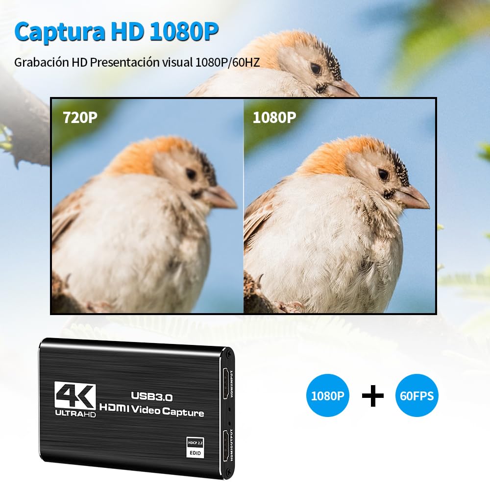 vantisan Capturadora de Video HDMI, 4K HDMI a USB3.0 Video Converter, 1080P@60Hz Video Tarjeta de Captura de Juego,con Entrada de Micrófono de 3.5mm, para Windows, Linux OS, Mac OS, OBS