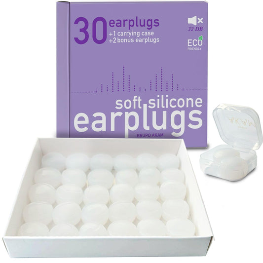 AKAM | 30 + 2 Tapones de Silicona Premium para Dormir, Nadar y Cancelación de Ruido ronquidos - Máximo Confort y Protección para los Oídos, Bloqueo de Sonido 27dB | Almohadillas de Cera Suave Color: Blanco | (Total: 32 tapones)
