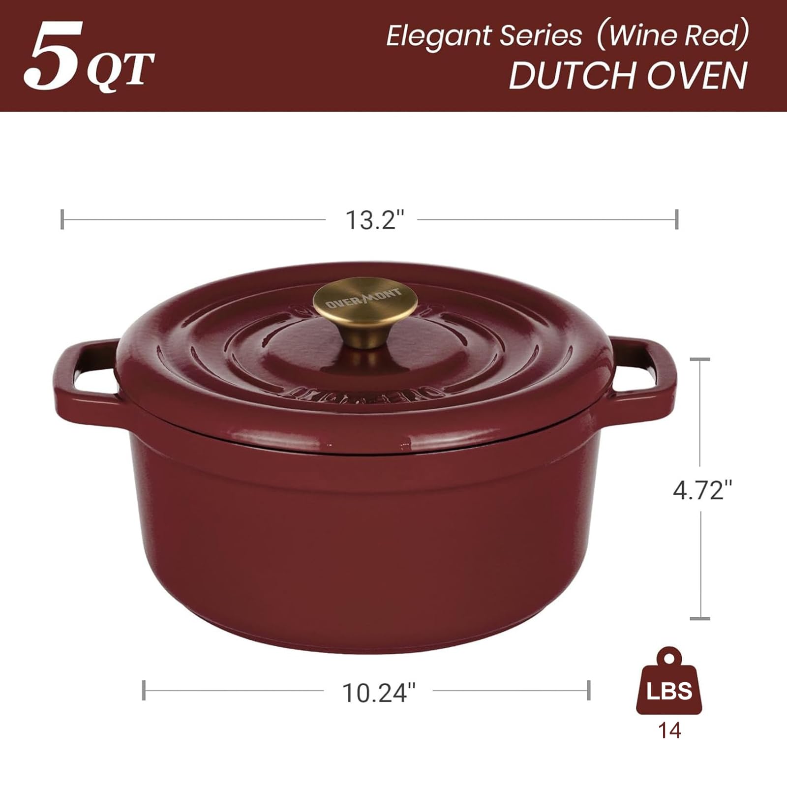 Overmont - Horno holandés de hierro fundido de 5.5 cuartos – Doble asas ensanchadas – Olla esmaltada con libro de cocina – Utensilios de cocina de esmalte resistente con agarraderas de algodón para