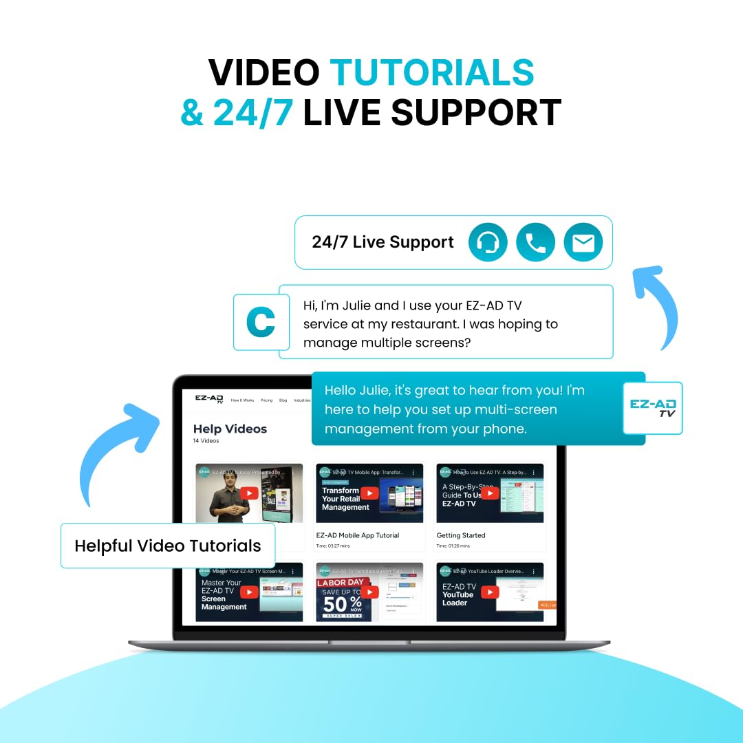 EZ-AD TV Reproductor de Señalización Digital, Programa tu Contenido, Plan Gratuito, Aplicación Móvil, Maneja Múltiples Pantallas, Miles de Plantillas