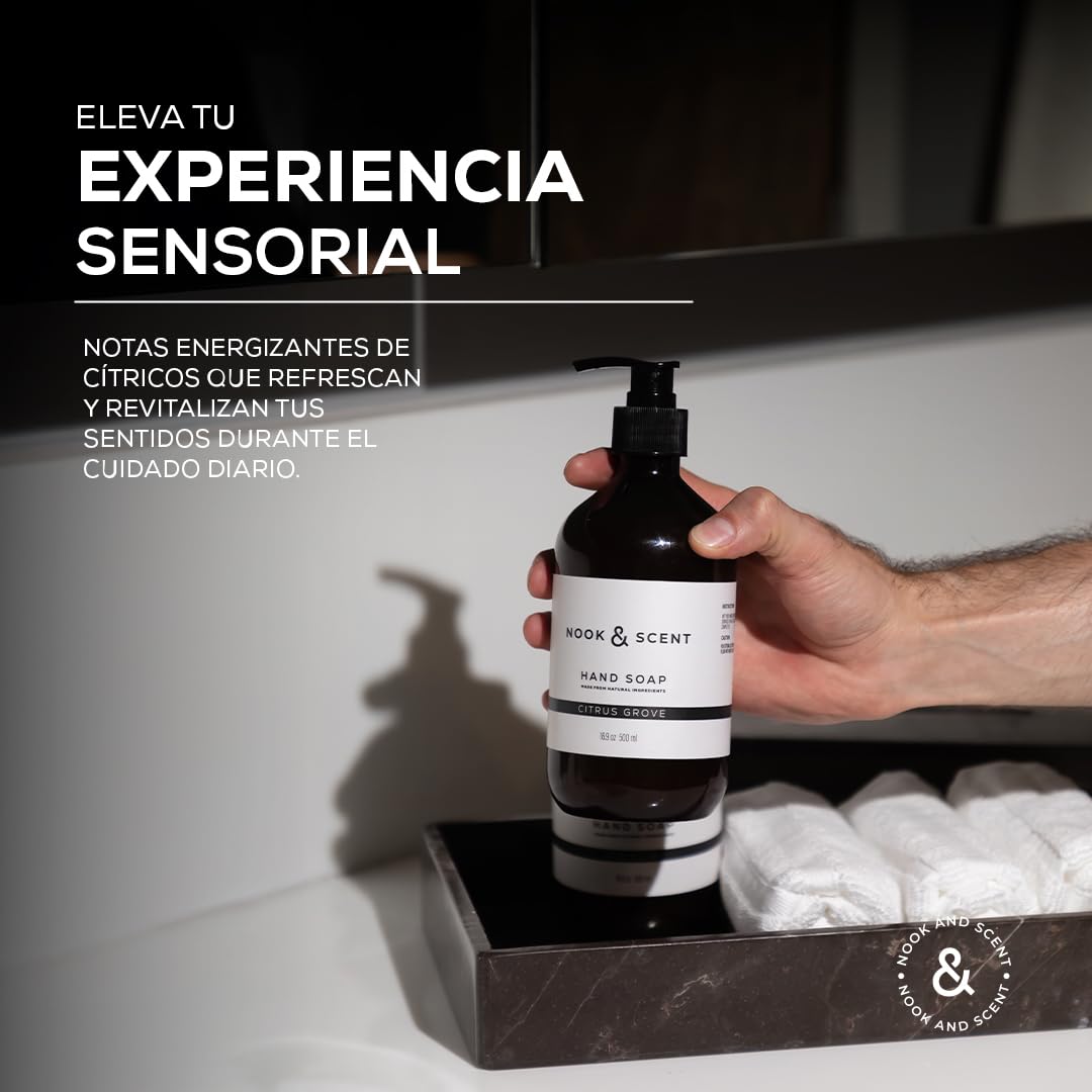 Jabón Líquido para Manos | 500 ml | Limpieza y Frescura | Libre de Sulfatos y Parabenos, Vegano, Aceites Esenciales, Aroma Energizante de Limón y Naranja | Nook & Scent (Citrico)