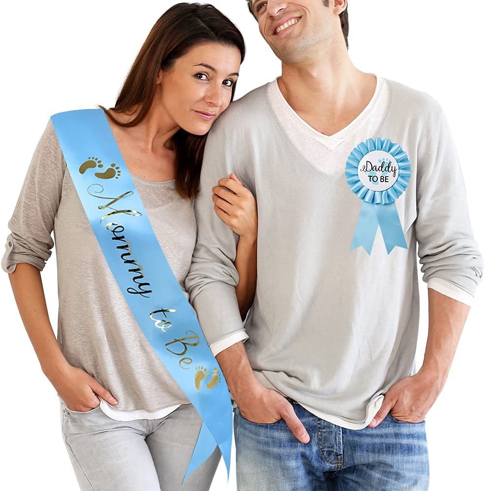NEWHAPPYLAND - Decoración para baby boy shower, banda azul e insignia de hojalata para mamá para ser y papá para ser baby shower