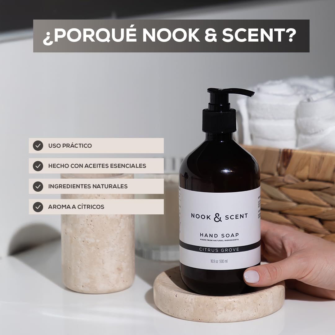 Jabón Líquido para Manos | 500 ml | Limpieza y Frescura | Libre de Sulfatos y Parabenos, Vegano, Aceites Esenciales, Aroma Energizante de Limón y Naranja | Nook & Scent (Citrico)