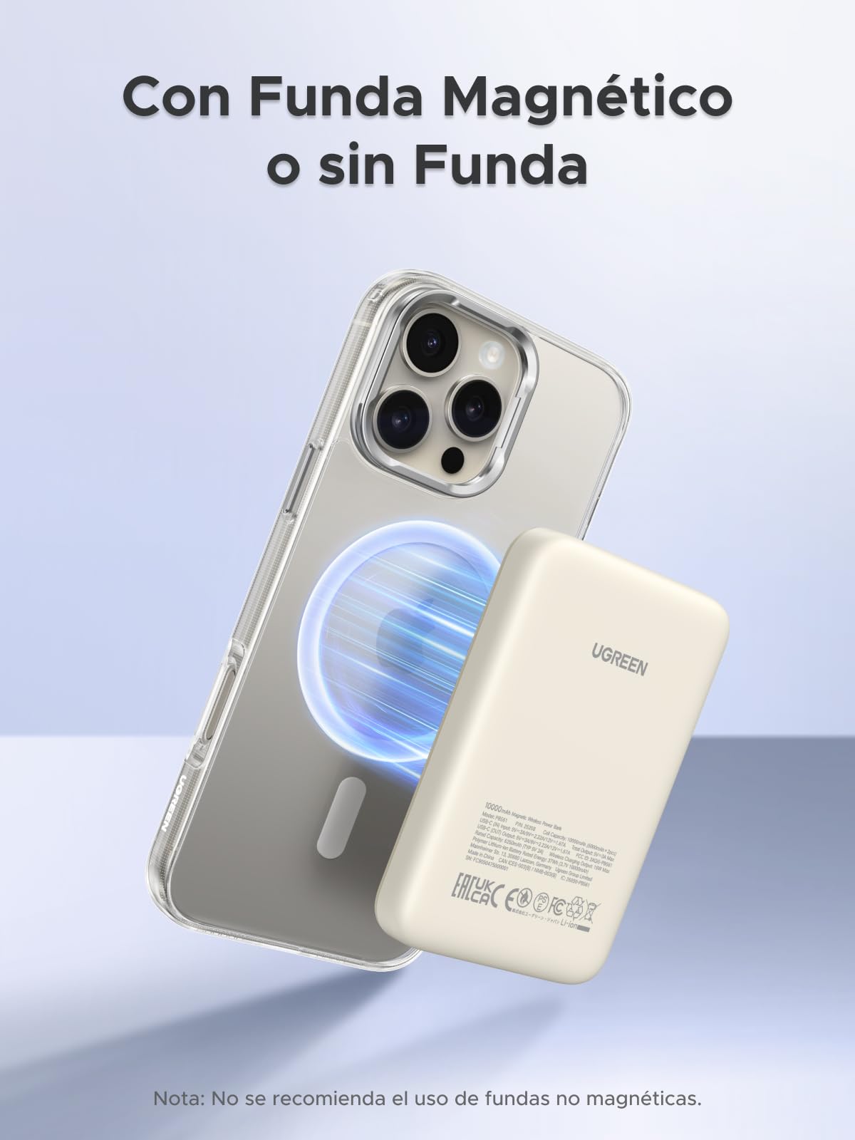 Power Bank UGREEN Blanco 10000mAh Inalámbrico Carga Rápida Magnético PD 20W USB C Compatible con iPhone, Galaxy y Xiaomi