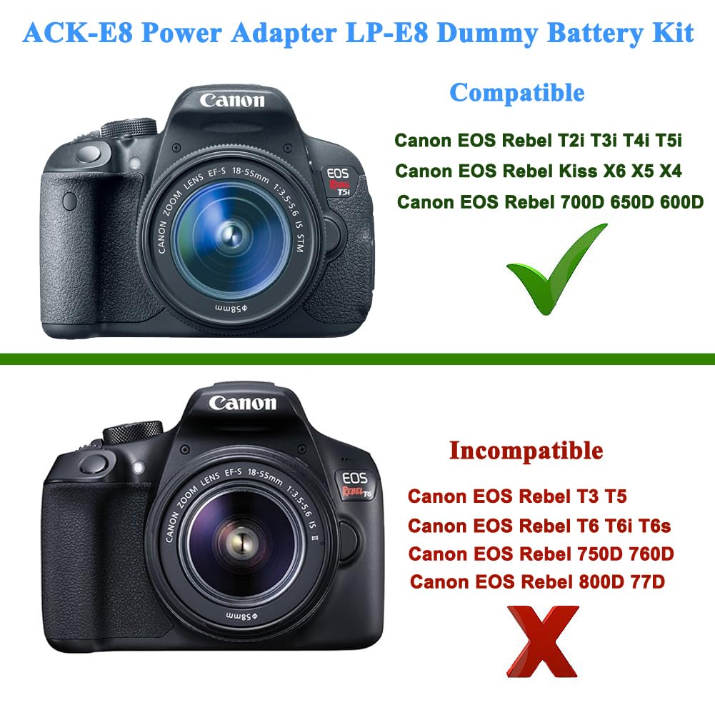 Partstec ACK-E8 AC Power Adapter Plus DR-E8 DC Coupler Camera Charger Kit (Canon LP-E8 Battery Replacement) for Canon EOS Rebel T5i T4i T3i T2i Kiss X6 Kiss X5 Kiss X4 700D 650D 600D 550D