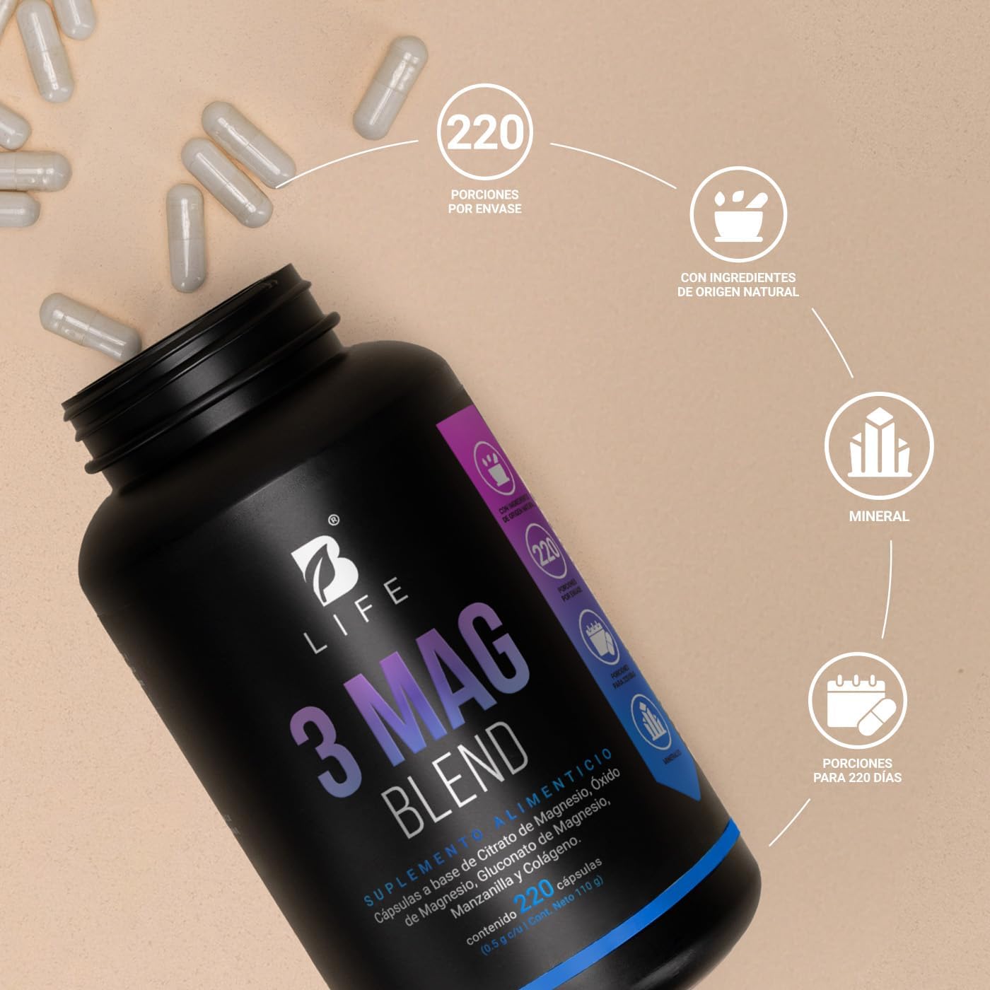 B Life Company | Citrato, Óxido y Gluconato de Magnesio | 220 Cápsulas de 500 mg | Alta absorción. Ingredientes Naturales. 3 Mag Blend.