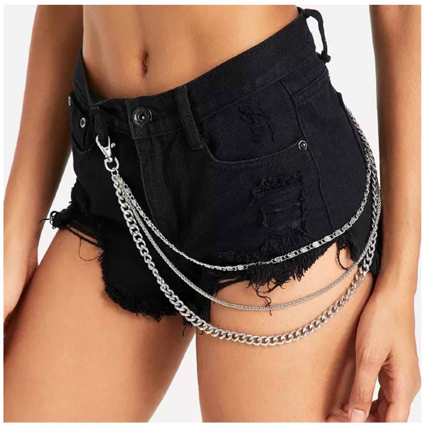 Yheakne Pantalones punk en capas, cadena de pantalones de mezclilla plateados, cadena multicapa, cadena de bolsillo, unisex, hip hop, pantalones de cadena, joyería corporal para mujeres y hombres, regalos