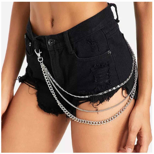 Yheakne Pantalones punk en capas, cadena de pantalones de mezclilla plateados, cadena multicapa, cadena de bolsillo, unisex, hip hop, pantalones de cadena, joyería corporal para mujeres y hombres, regalos