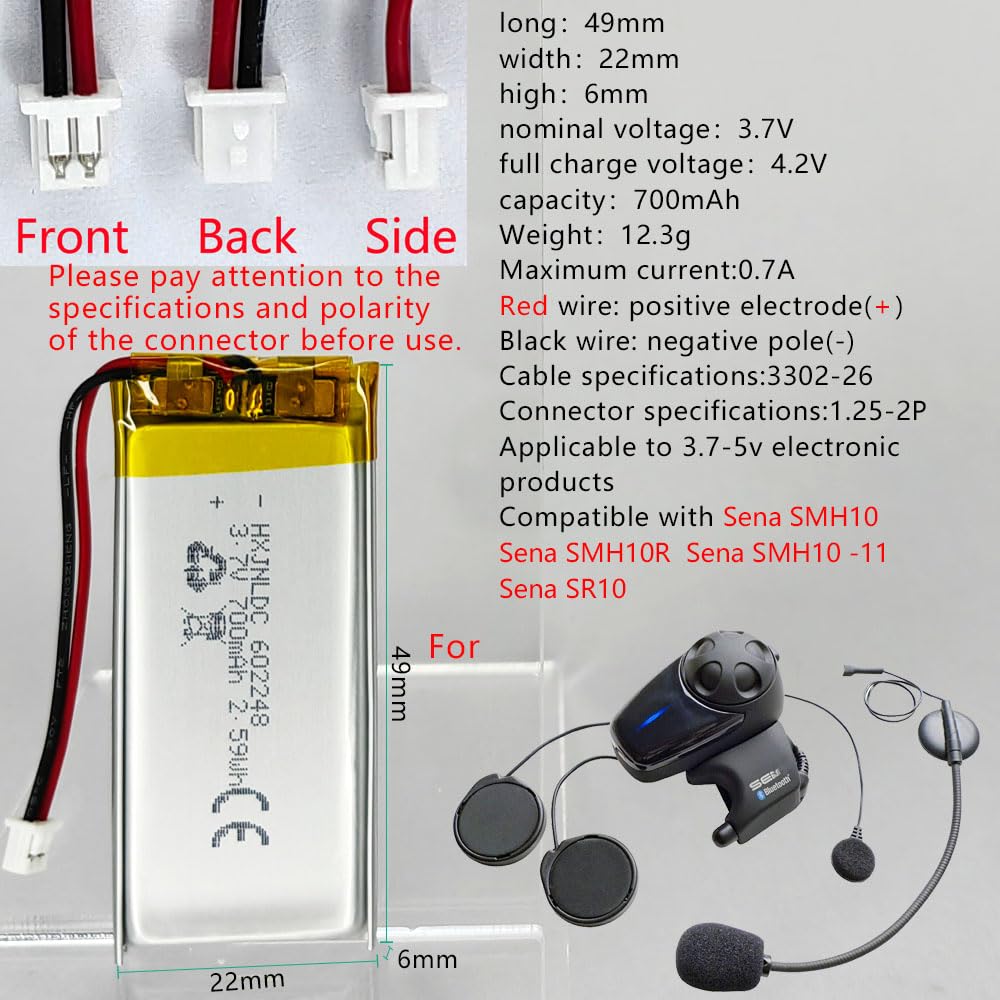 HXJNLDC 602248 - Batería de 3,7 V 700 mAh para Sena SMH10 SMH10R SMH10D SMH10-11 SR10 - Auriculares Bluetooth de repuesto para motocicletas, auriculares Bluetooth intercomunicador integrado
