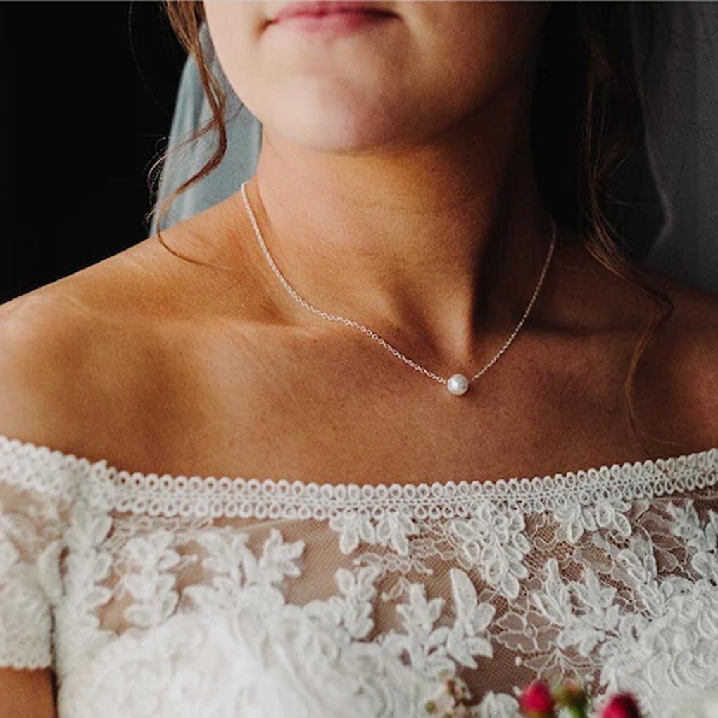 Yalice Collar de perlas pequeñas con cadena de gargantilla, collares con colgante flotante cortos, joyería de boda para damas de honor para mujer, Metal, Perla