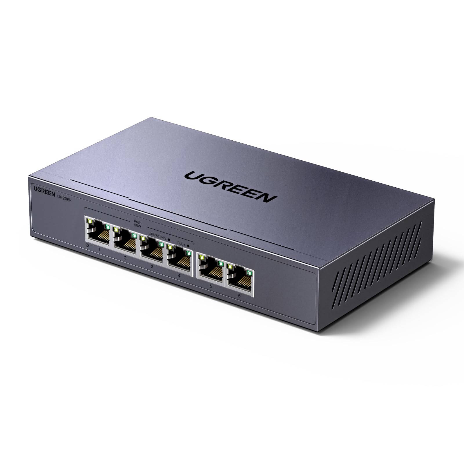 UGREEN Conmutador Ethernet de 6 Puertos, 4 PoE y 2 Enlace Ascendente de Gigabit, 60W, Metal durodero, conmutador de Red para Escritorio o Montaje en Pared, Ideal para cámara de Seguridad, teléfono IP