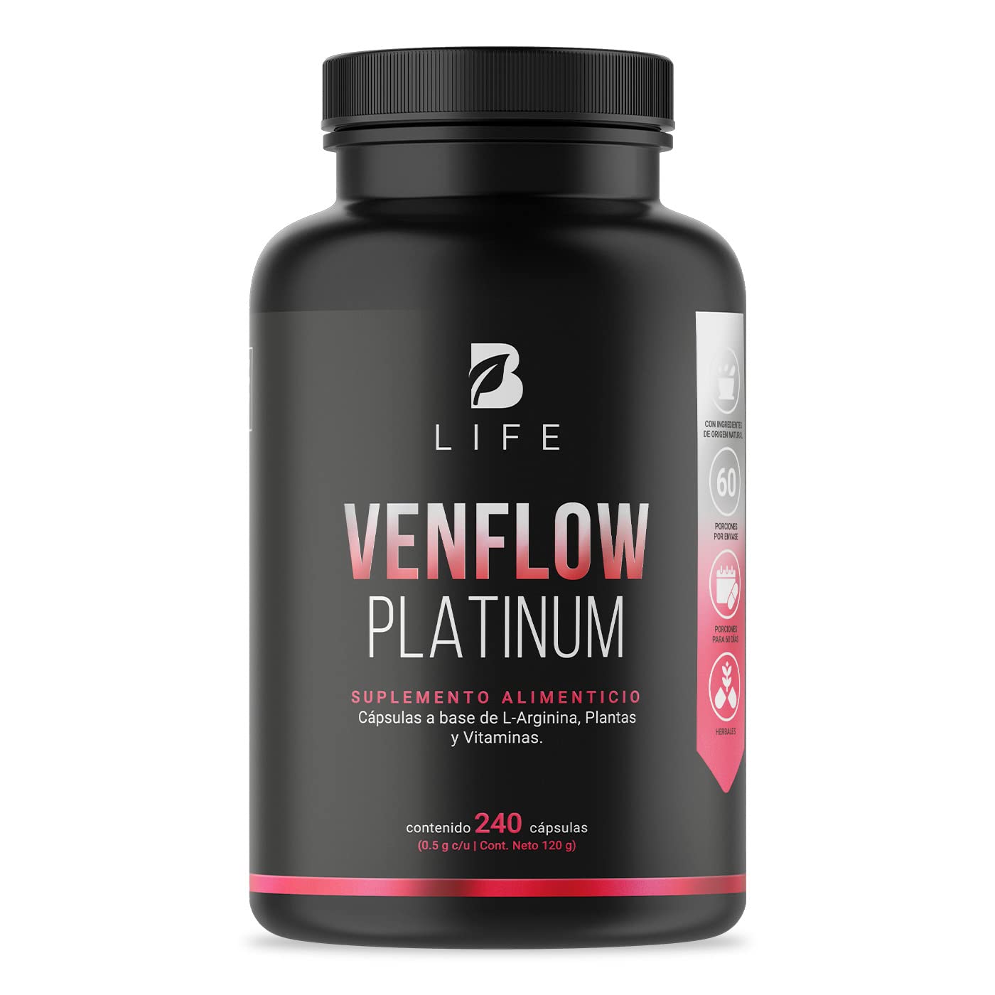 L-Arginina, Resveratrol, Ajo negro, Jengibre y Vitaminas. 240 cápsulas. Ingredientes naturales. Venflow Platinum B Life.