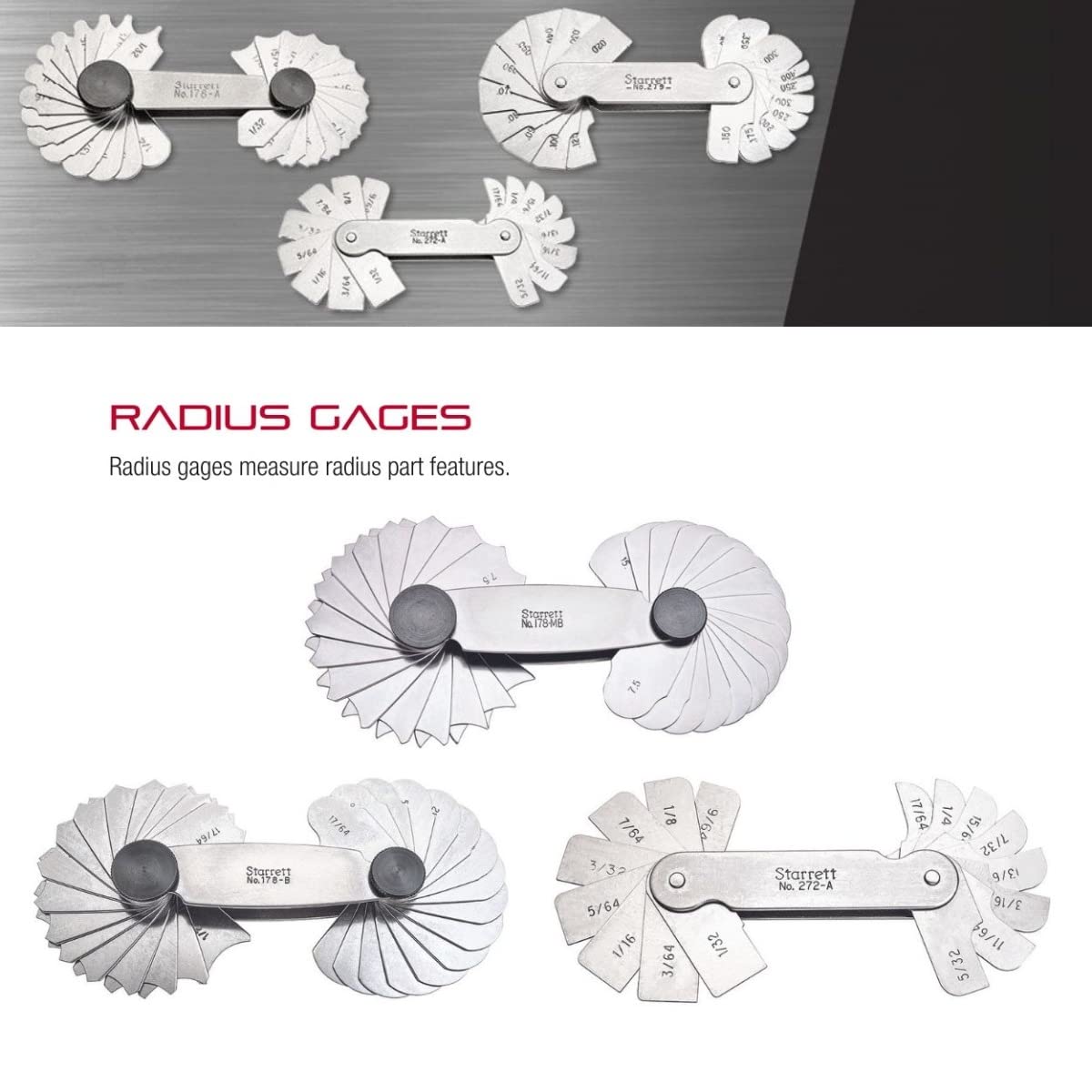Medidor de Radio Starrett Acero Inoxidable para Radios Convexos y Cóncavos 1/2 Pulgadas