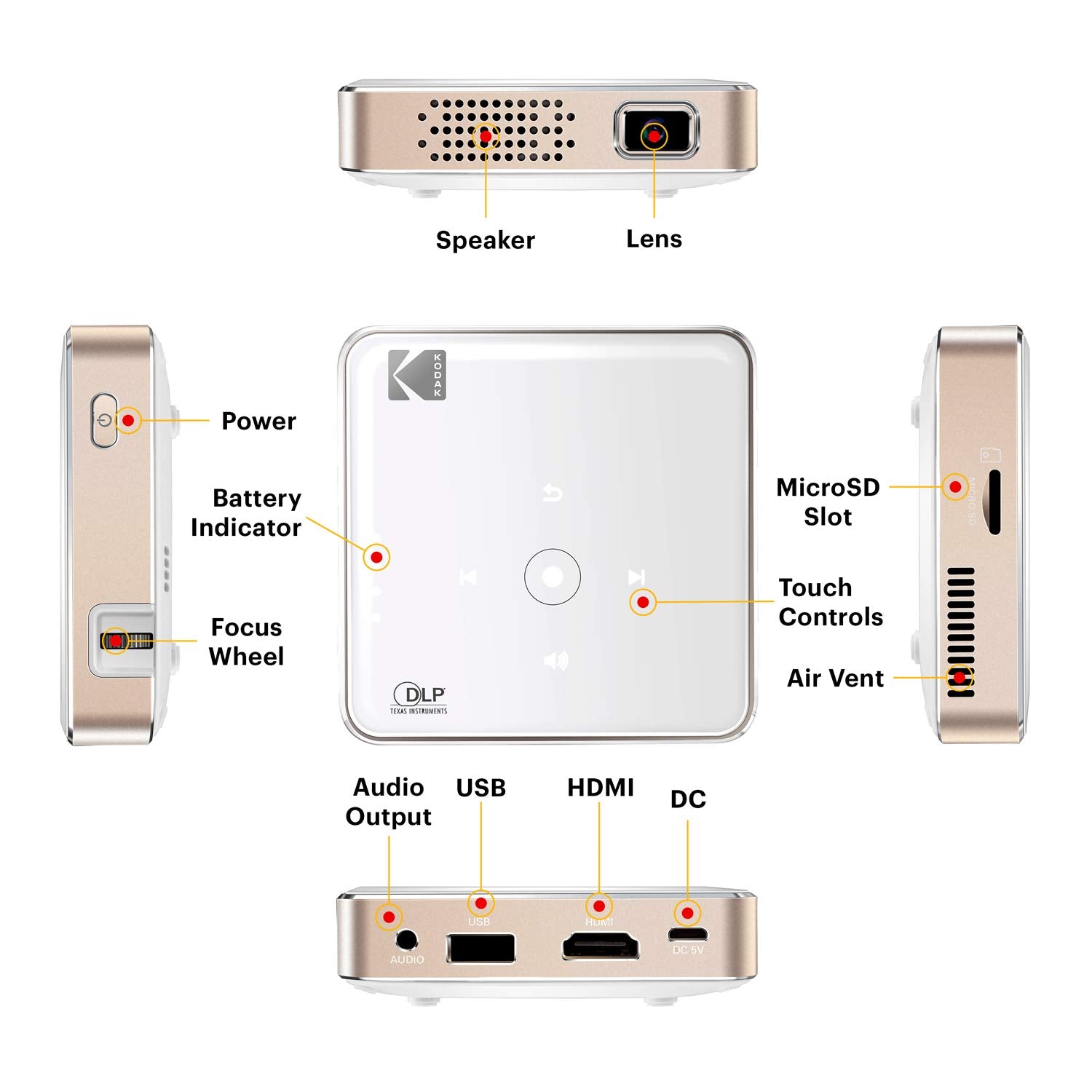 KODAK Ultra Mini Proyector portátil | Proyector Pico recargable LED DLP de alta definición – visualización de 100 pulgadas – Incluye funda suave