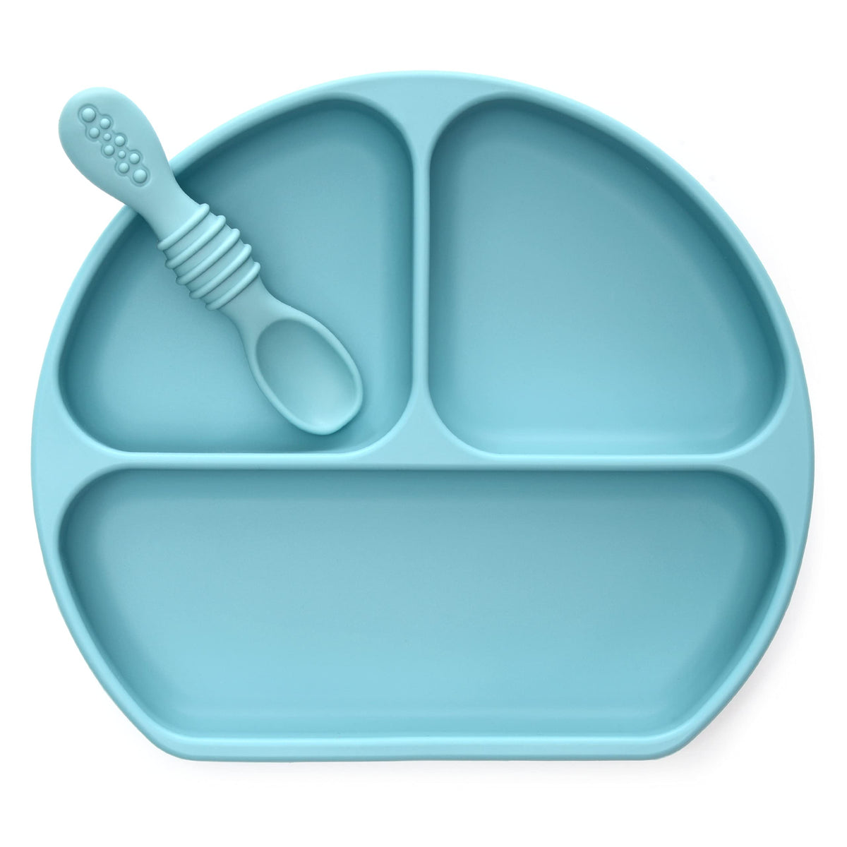 PrimaStella - Juego de alimentación de plato y cuchara de silicona irrompible para bebés y niños pequeños, color azul pacífico