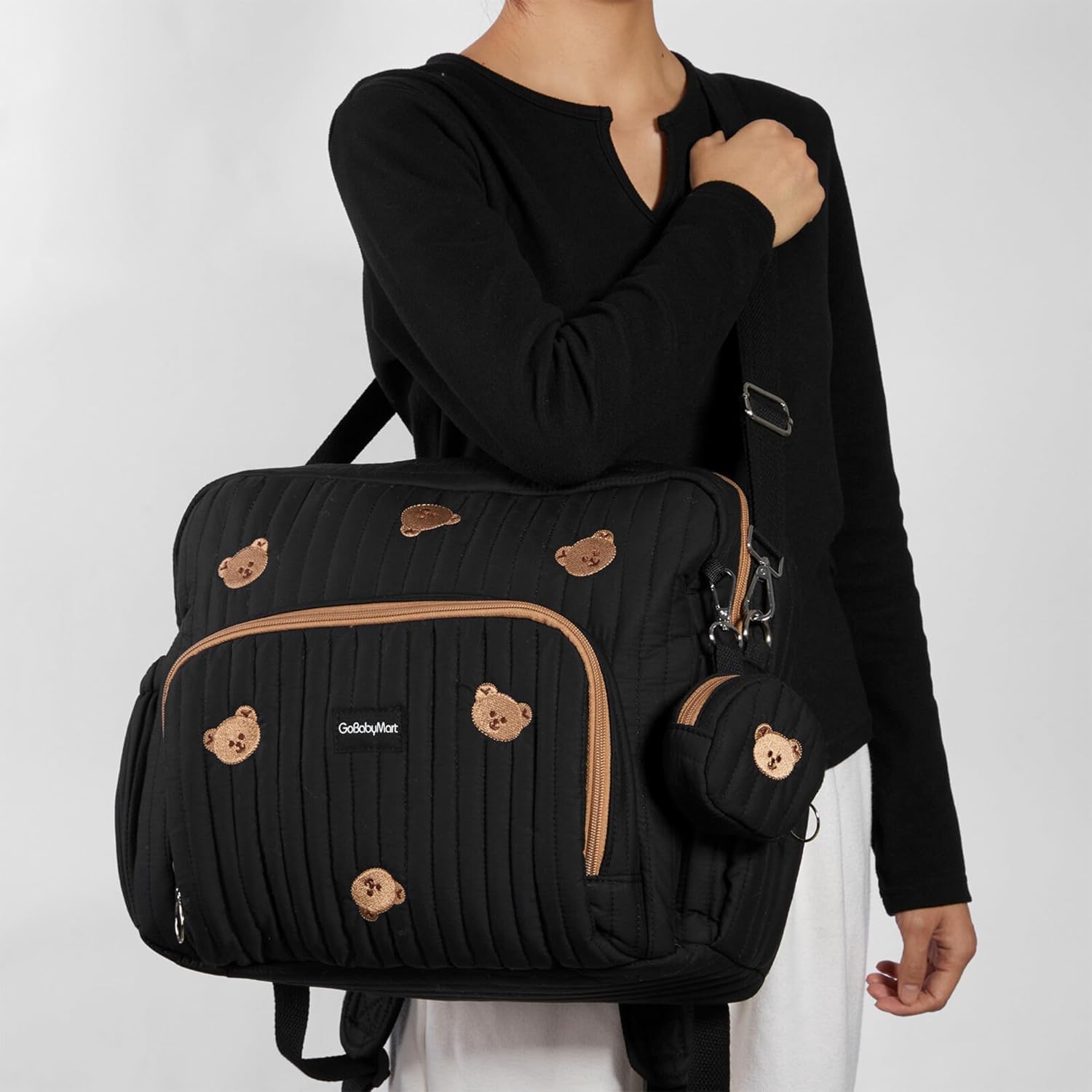 GOBABYMART - Mochila para pañales con cambiador, bolsa de viaje para bebé, bolsillos aislados para botellas, correas para carriola (medianas, osos negros)