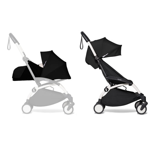 BABYZEN Cochecito Completo YOYO2 - Incluye Pack Recién Nacido 0+ (Negro), Chasis (Blanco) & Pack 6+ Color (Negro) - Para Niños Hasta 22 kg