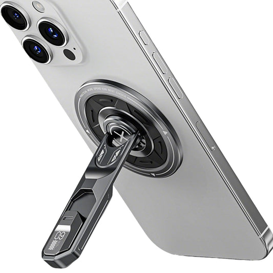 Soporte Magnético para Celular Aleación Aluminio Gris con Anillo y Botón Alivio de Presión 360°