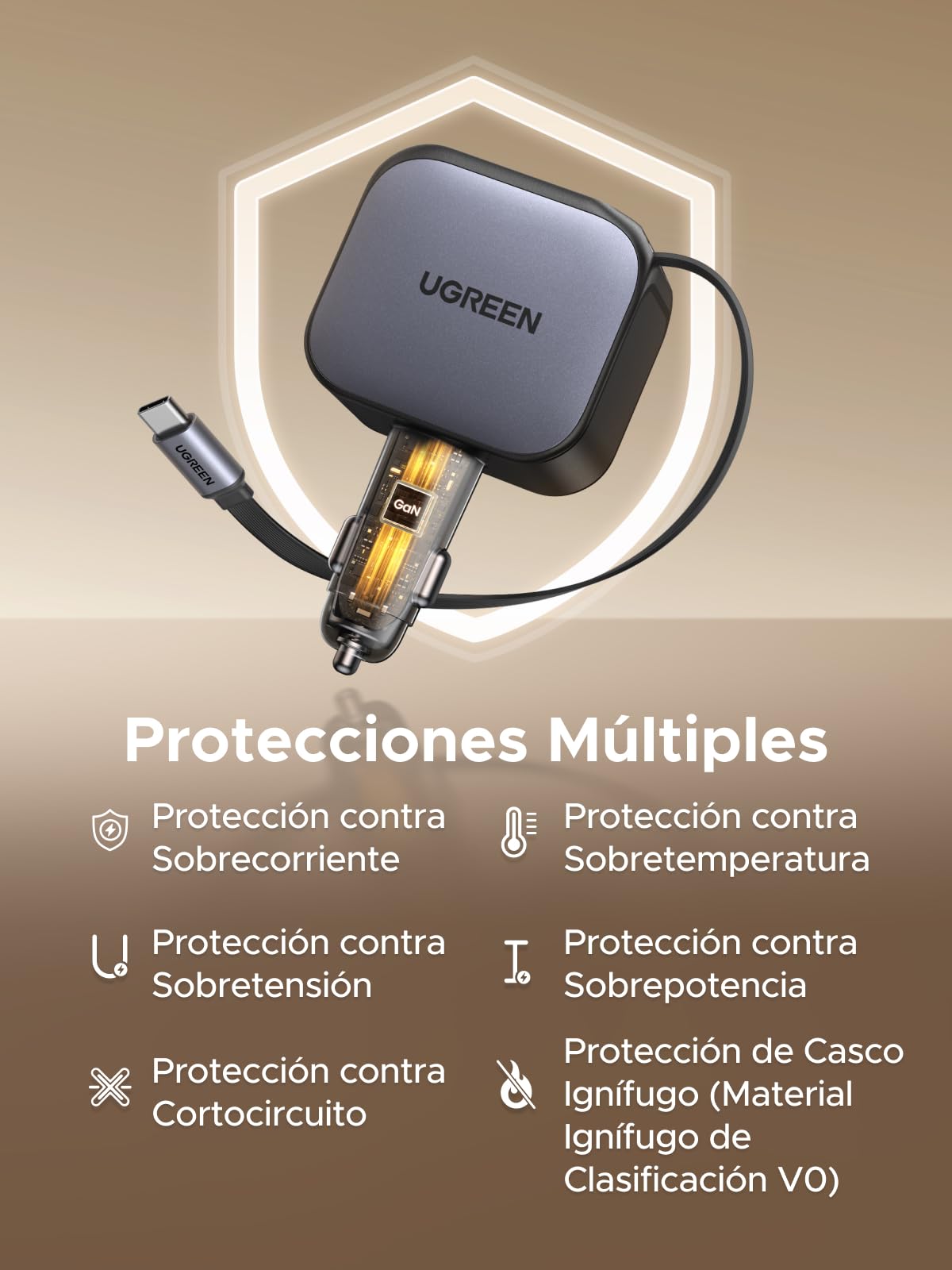 Cargador para Auto UGREEN Negro 145W 4 en 1 con Cable Retráctil USB C