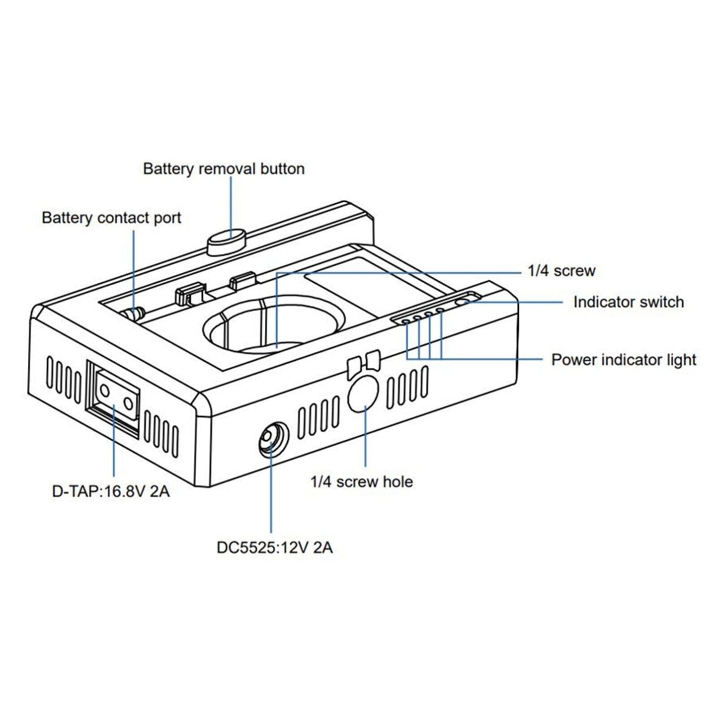 Kastar NP-F Placa adaptador de batería con indicadores LED, entrada tipo C 5V 2A, 8.4V 5A 5.5x2.1mm, salida 12V 2A 5.5x2.5mm, 16.8V 2A Dtap, 5V 3A USB para batería de la serie NP-F, DSLR y cámara sin
