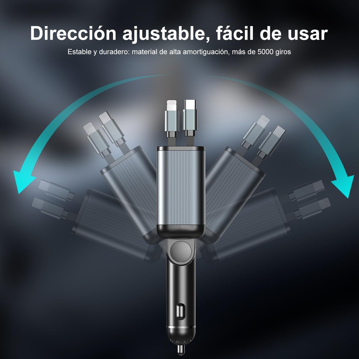 vantisan Cargador para Auto,Adaptador de Cargador de Coche con Pantalla de Luz, 140w Carga Rápida Conector telescópico y 2 Puertos USB con RGB, Compatible con iPhone,Galaxy, Xiaomi