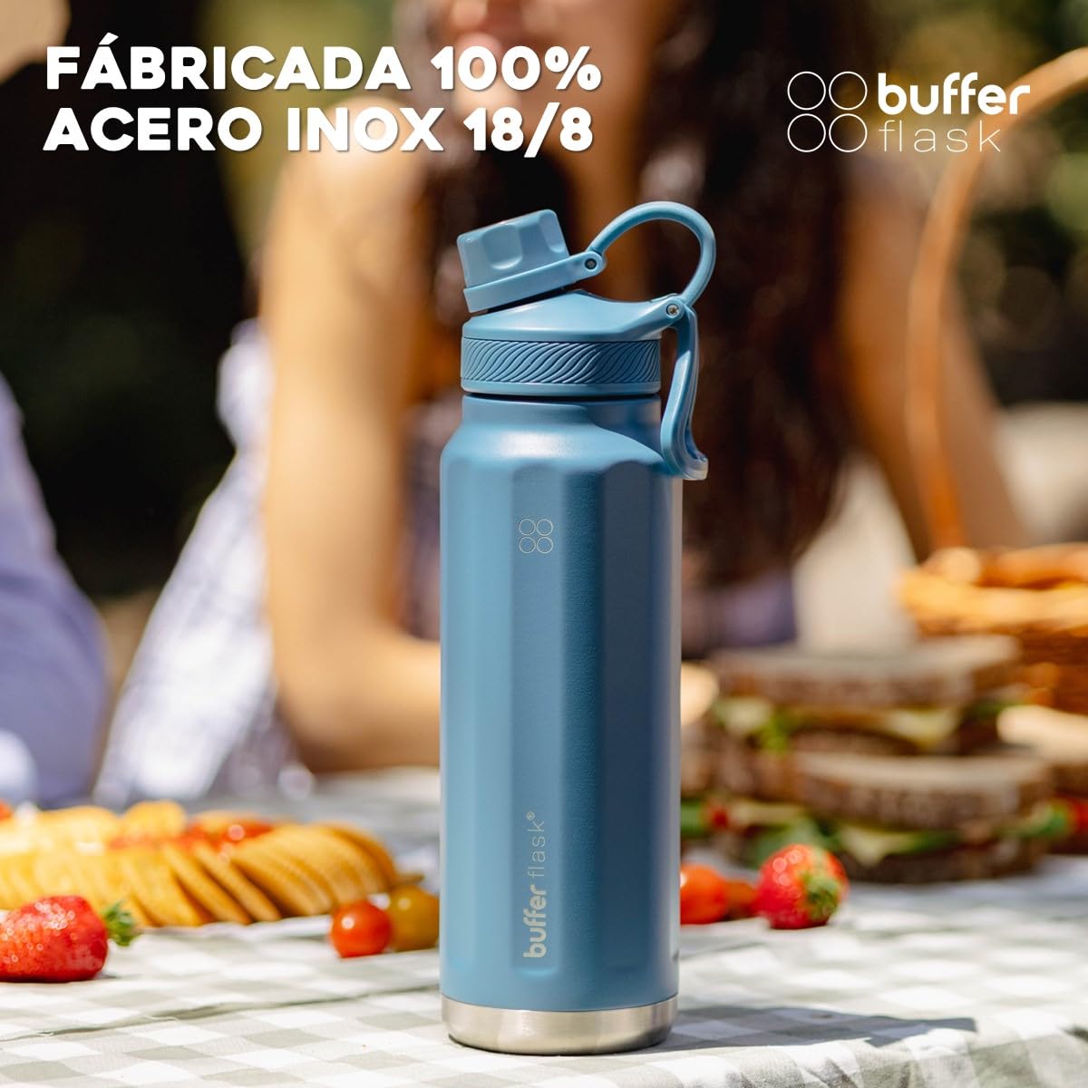 BUFFER FLASK - Termo de Acero Inoxidable | Botella de Agua Aislante, Termos Agua Fría (24 horas) o Caliente (12 horas) | Antigoteo, Hermético | Incluye tapas | 1000 ml - 32 Oz| Color Blue Verdi