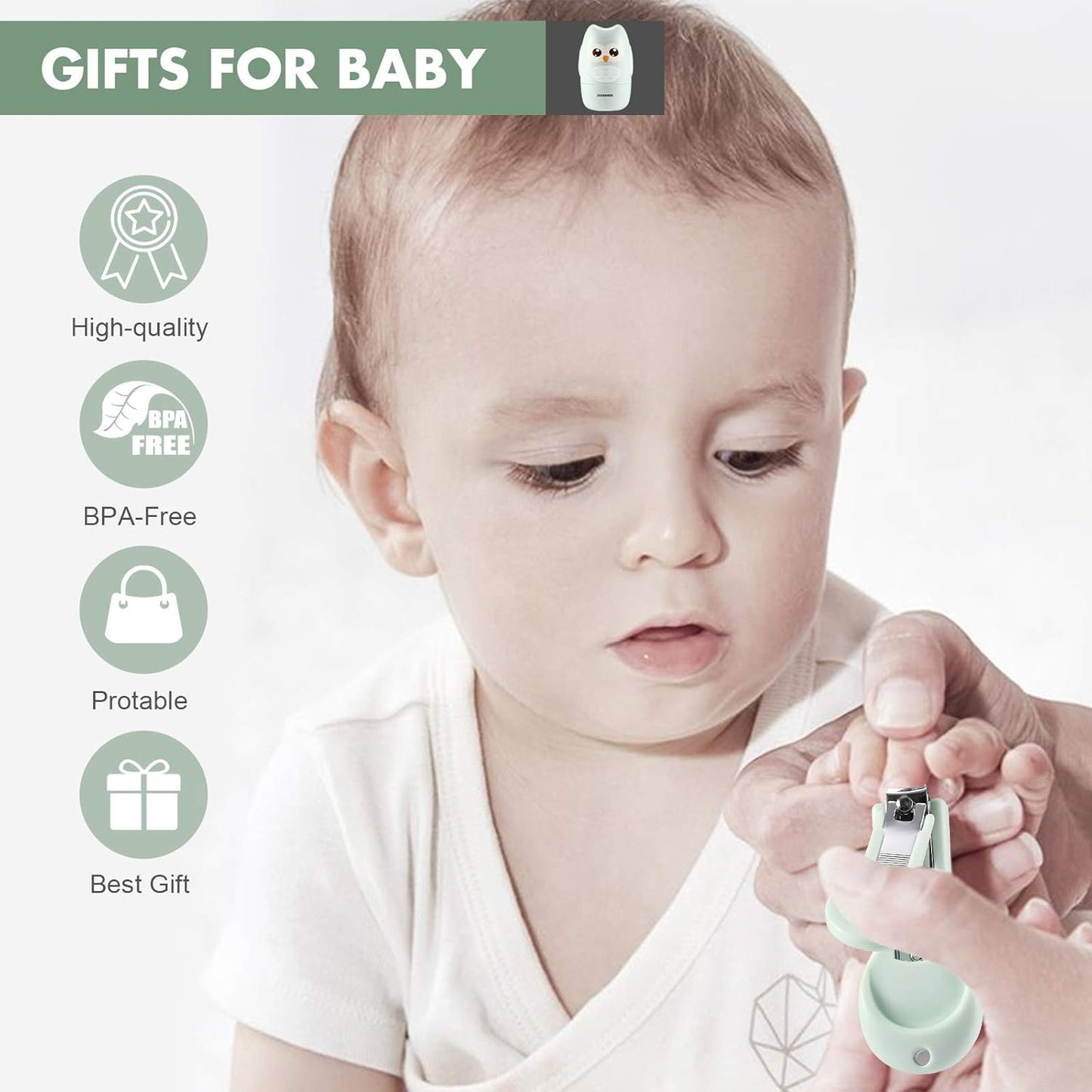 DOOGAXOO Kit de cortaúñas para bebé, 4 en 1, set de cuidado de uñas para bebé, con lima de uñas, tijeras y pinzas, kit de manicura para bebé y pedicura para recién nacido, niños, búho verde