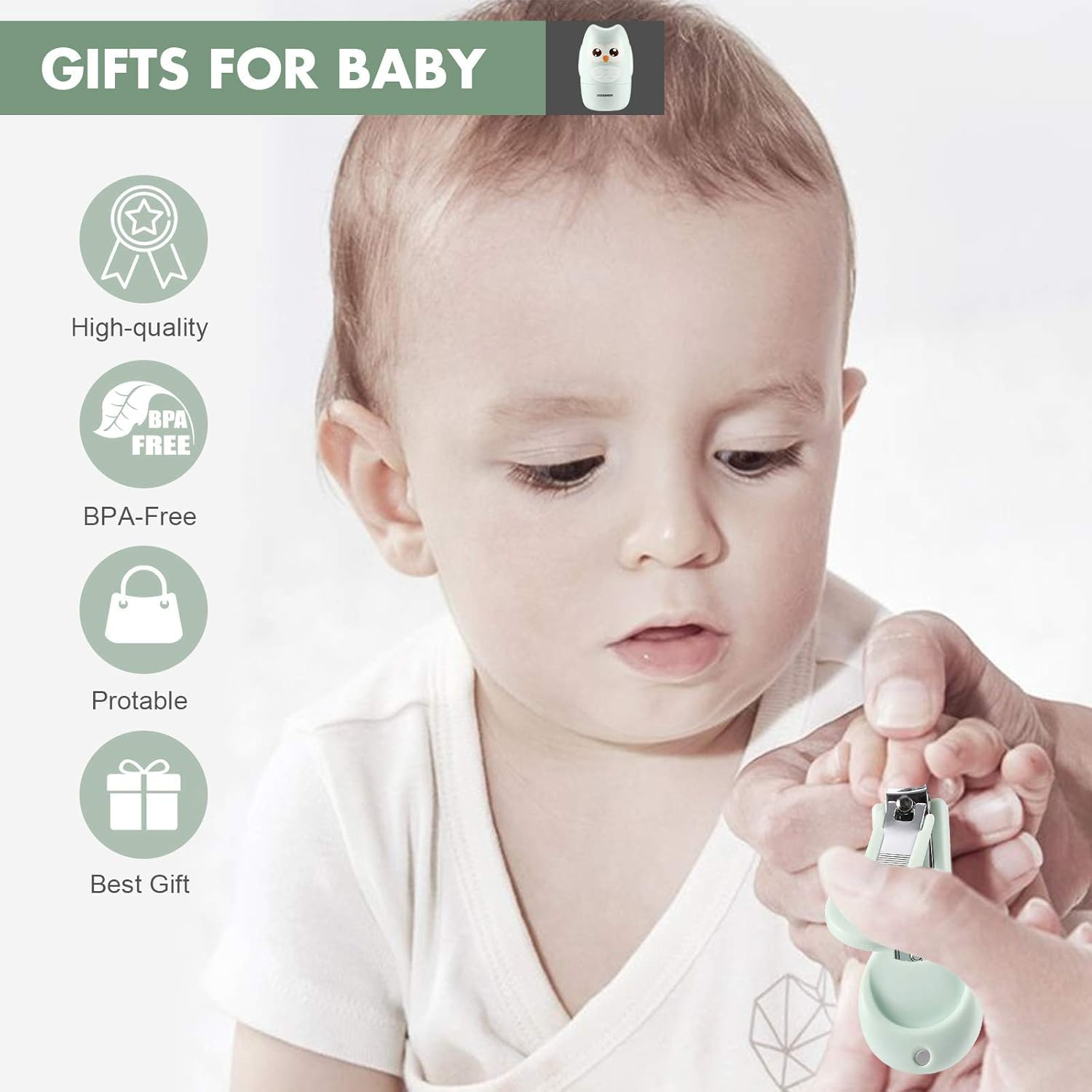 DOOGAXOO Kit de cortaúñas para bebé, 4 en 1, set de cuidado de uñas para bebé, con lima de uñas, tijeras y pinzas, kit de manicura para bebé y pedicura para recién nacido, niños, búho verde