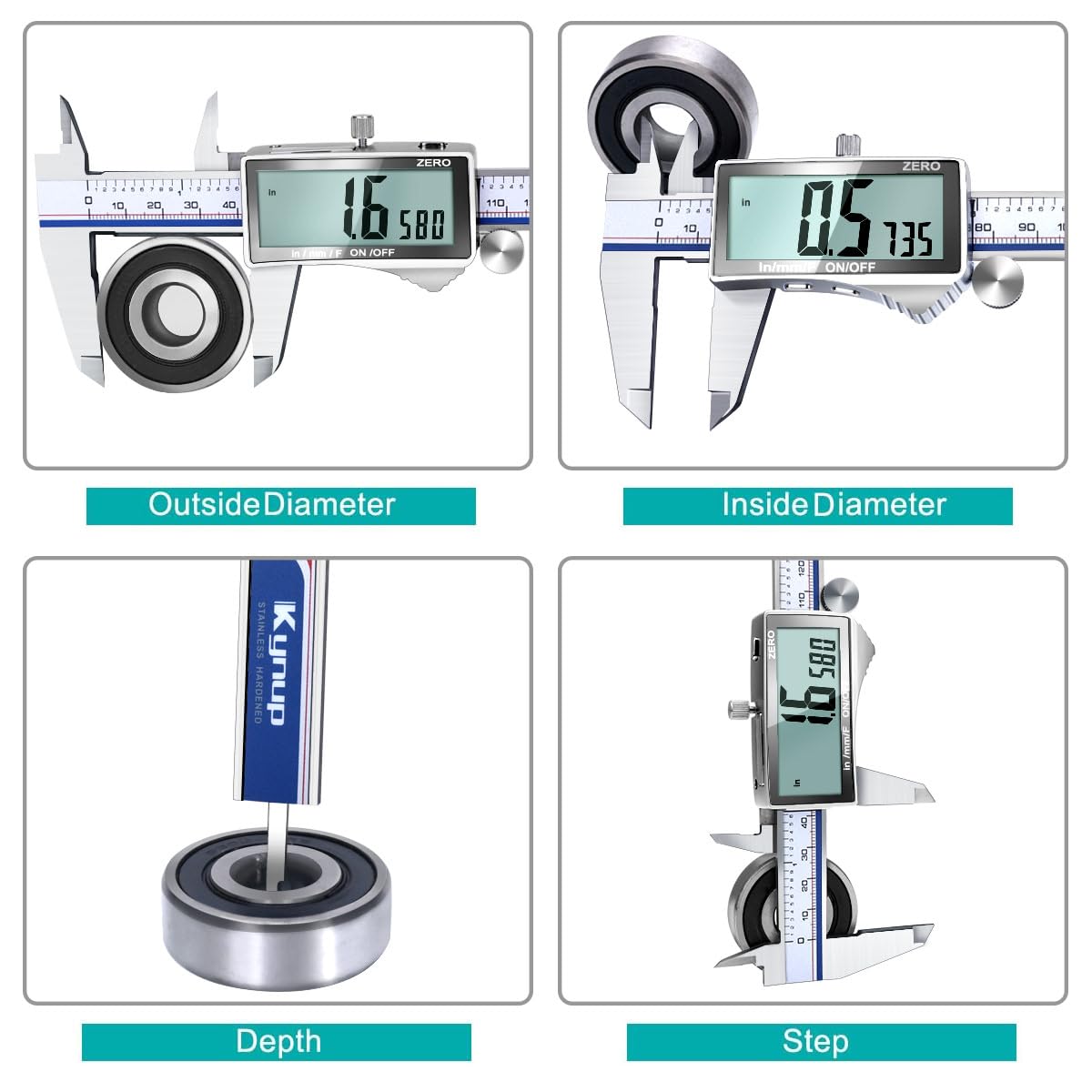 Kynup - Calibre digital, herramienta de medición de calibrador con visualización LCD grande, calibre micrómetro, acero inoxidable, a prueba de salpicaduras, fácil interruptor de fracción métrica en