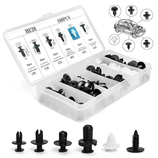 Grapa Remache Automotriz Universal Surtido con Estuche y Herramientas de Desmontaje Molduras Tablero Clips de Retenedores Coche Diversos Tamaños | 100 Pzs
