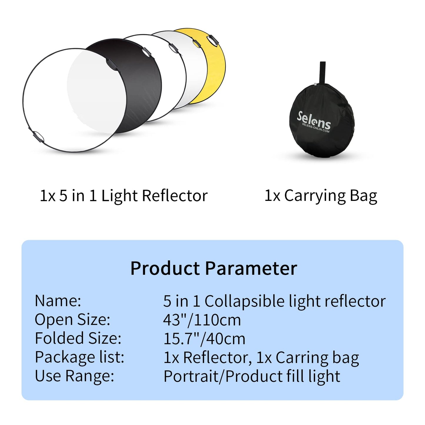 Selens Reflector de fotografía de 43 pulgadas (110 cm), reflector de luz plegable con funda de transporte, reflector 5 en 1 para iluminación de estudio fotográfico, translúcido, plateado, dorado, blanco y negro