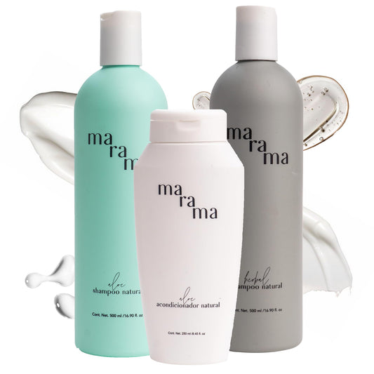 MARAMA | Perfect Three Kit | 2 Shampoo sin Parabenos + Acondicionador sin Parabenos | Tratamiento para Cabello Maltratado - Aloe Vera | Anti Frizz Cabello | Vegano - Cruelty-Free