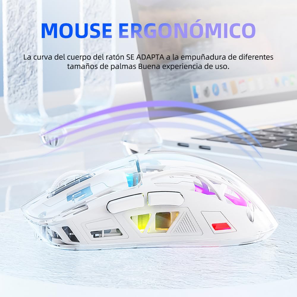Free Wolf Mouse Inalámbrico A2, Bluetooth y 2.4GHZ Dual Modos, Ratón Recargable con Pantalla de Batería, 4000DPI Ajustable Transparente RGB Mouse Gamer