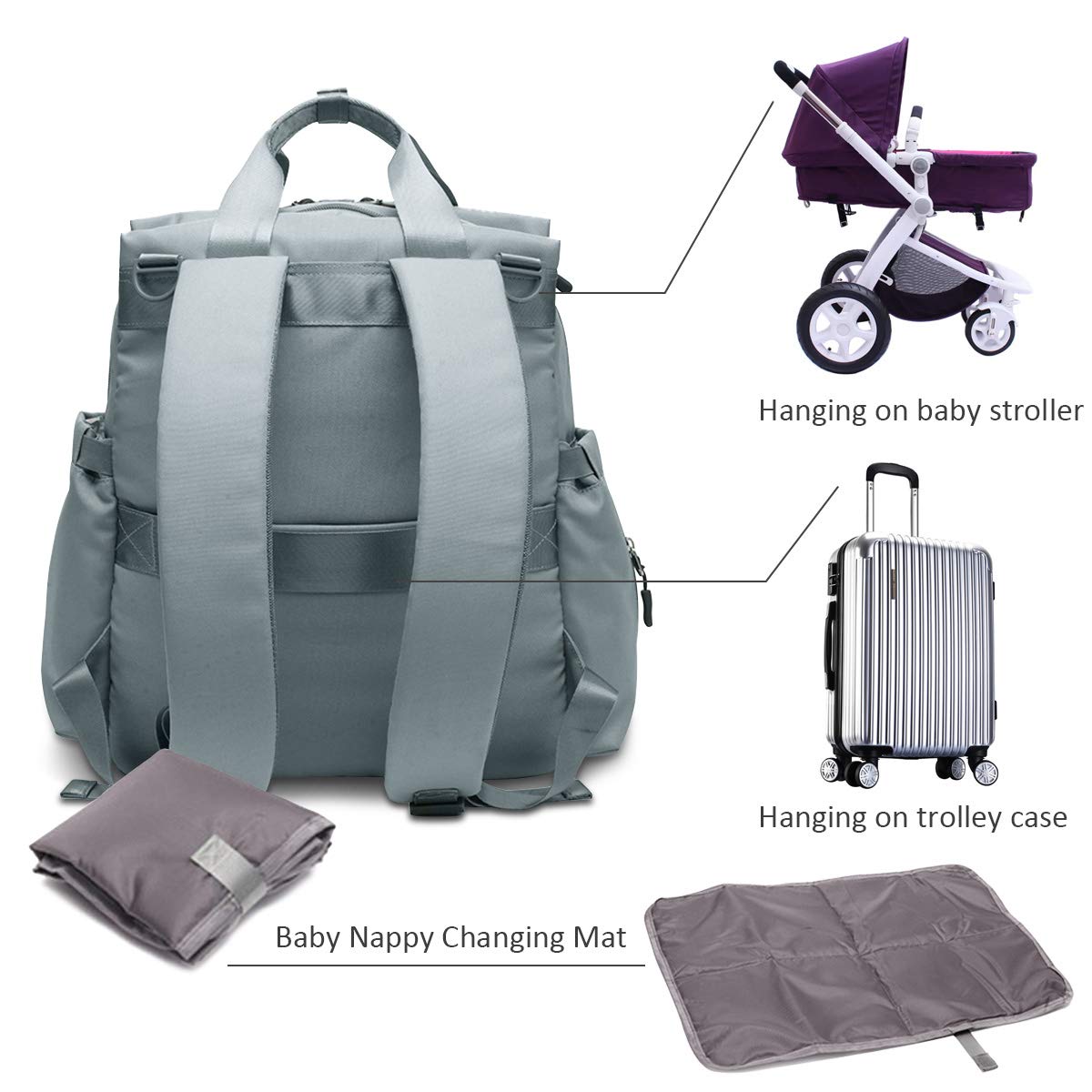 SONARIN Impermeable Mochilas para Pañales Con Nappy Changing Mat,Gran Capacidad, Organizador de Mochila de Viaje,hasta 17 bolsillos,Diseñado para madres posparto,Elegante y Durable(Gris)