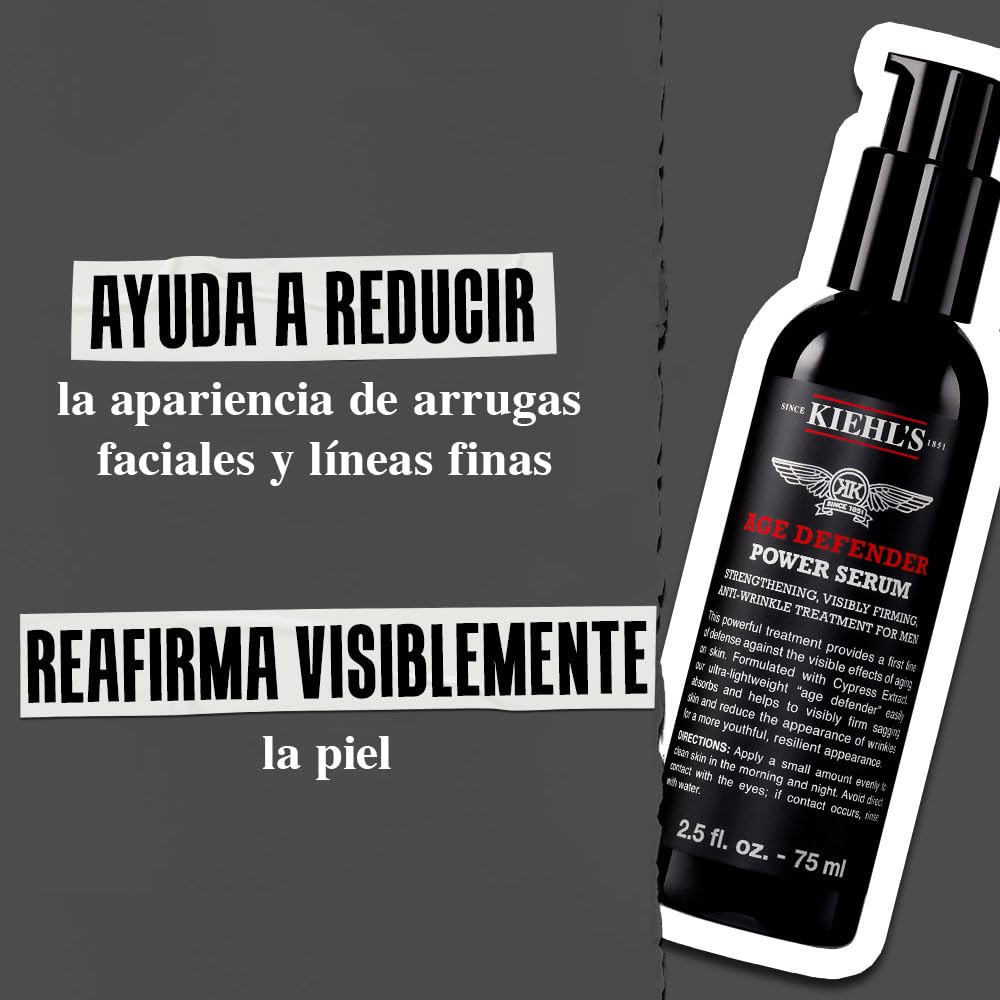 Kiehl's Age Defender Serum, Suero Facial Reafirmante Antienvejecimiento para Hombres, Reduce el Aspecto de Líneas Finas y Arrugas, Con Extracto de Ciprés y Adenosina, 75 ml