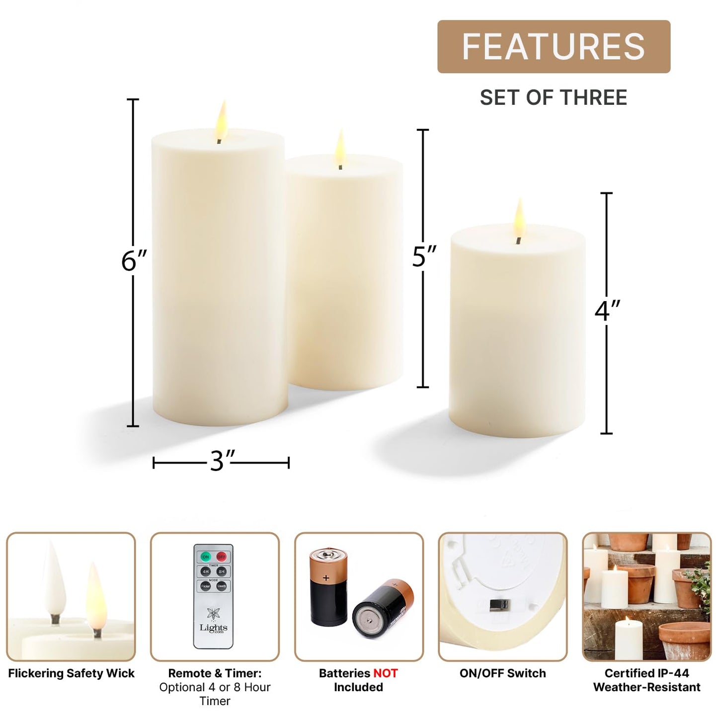 LampLust - Velas sin llama para exteriores, impermeables, paquete de 3, 3 x 4, 3 x 5, 3 x 6 pulgadas, juego de velas LED parpadeantes con control remoto y temporizador incluidos, funciona con pilas,