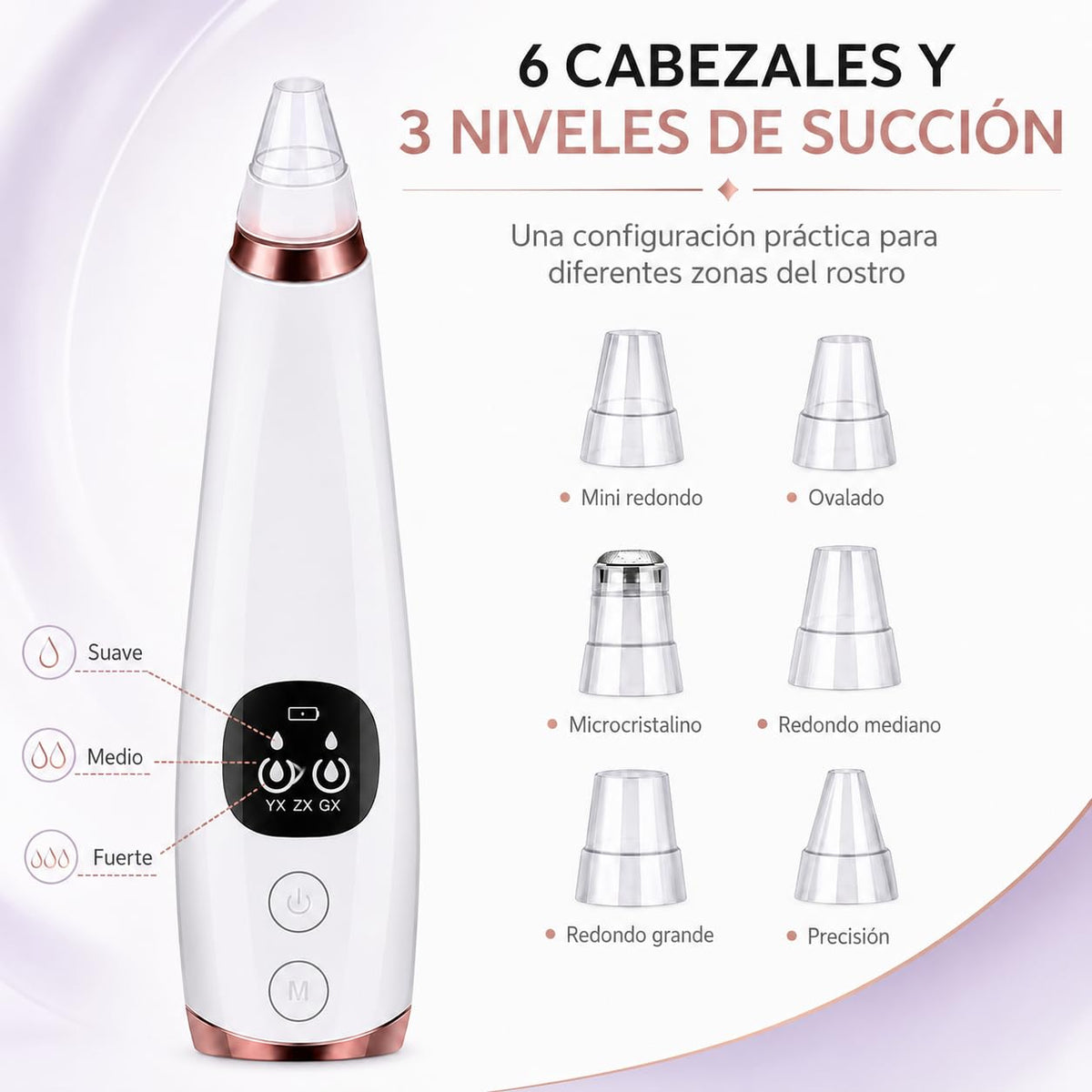Succionador de Puntos Negros, 3 Niveles, 6 Cabezales y Pantalla LED