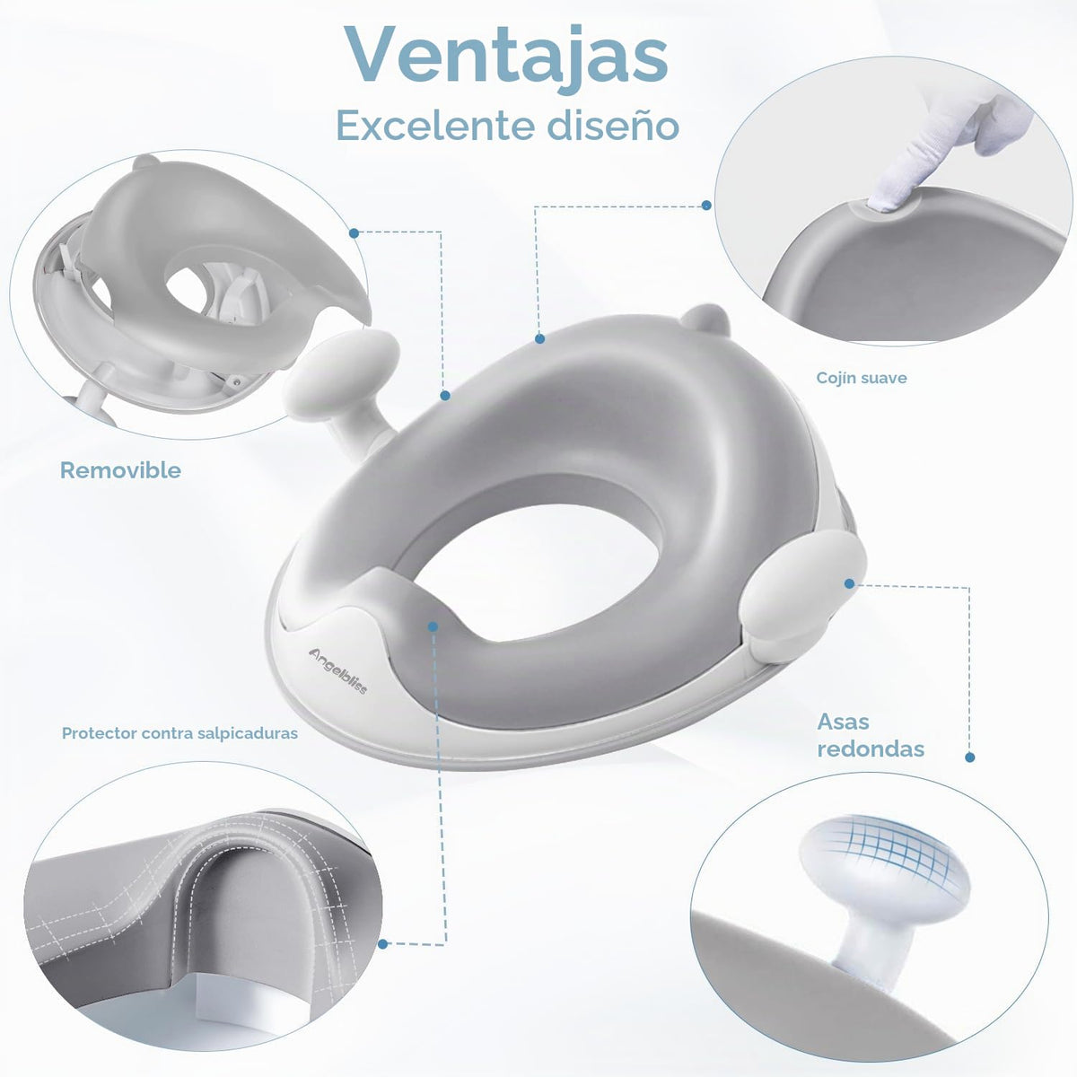 Angelbliss Asiento de inodoro infantil, para entrenamiento de Baby Potty, asiento de inodoro para niños y niñas, doble acolchado antideslizante, con asa y protección contra salpicaduras (Gris)