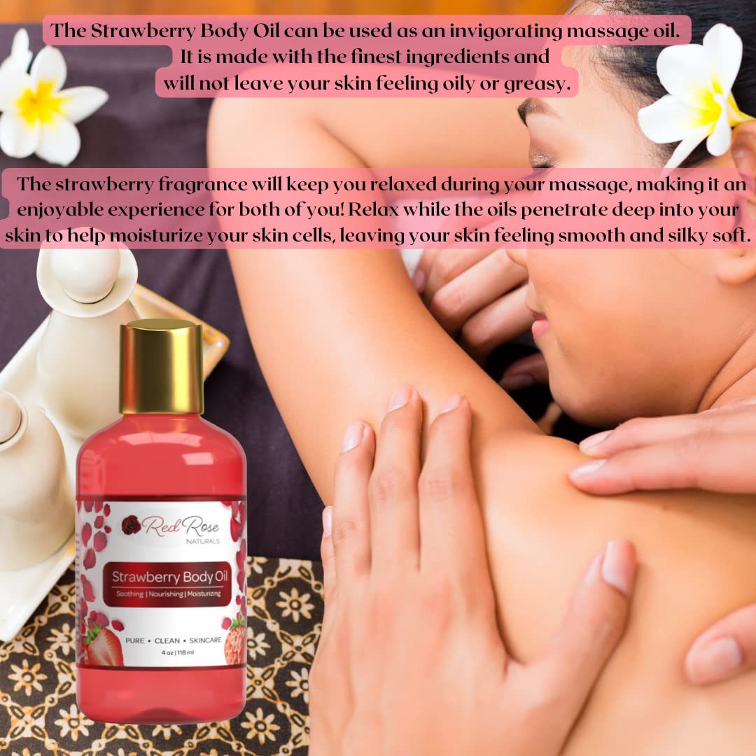 Red Rose Naturals- Aceite corporal de fresa, aceite corporal natural para mujeres, perfume para ducha y baño, hidratante y humectante profundo