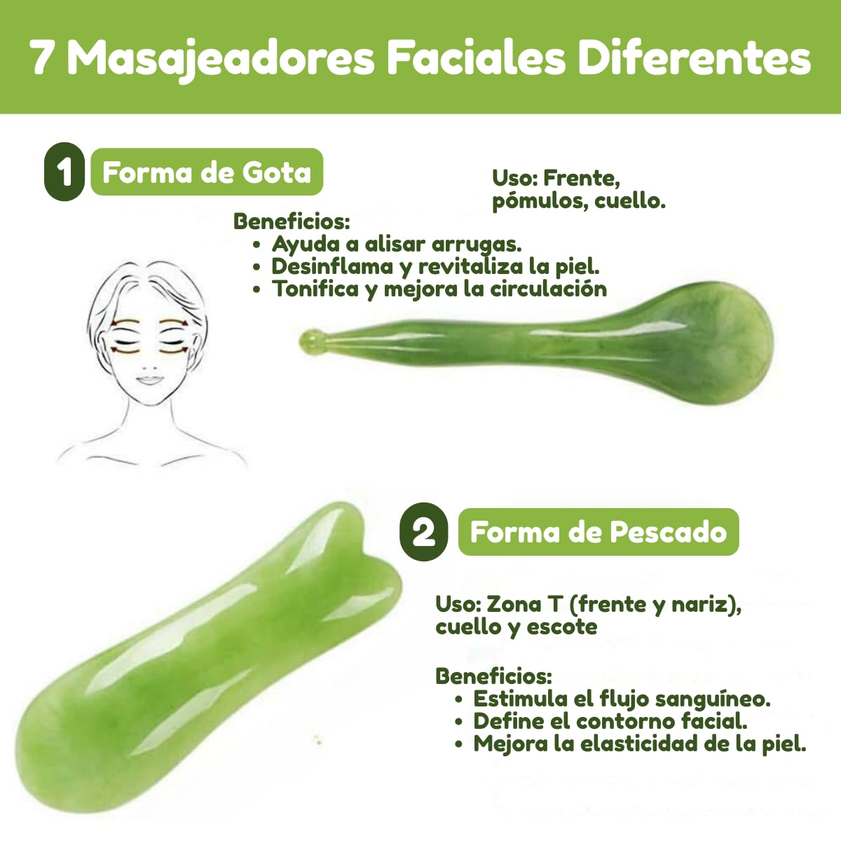Herramientas de Masaje Gua Sha de Piedra de Jade Verde para Terapia Facial y Corporal