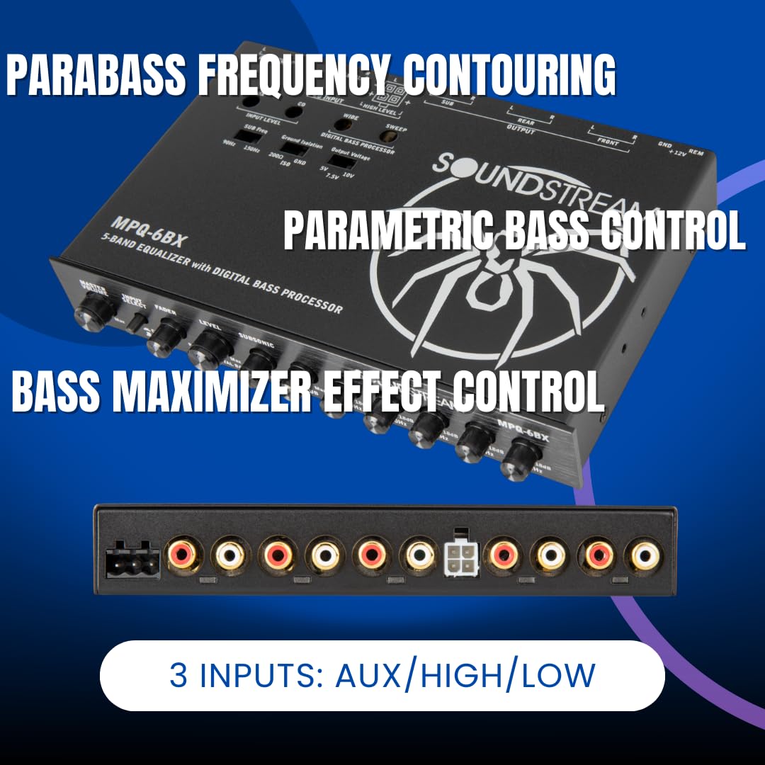 Soundstream MPQ-6BX 1/2 DIN 5 bandas ecualizador de audio para coche con reconstrucción de graves digitales – salida RMS de 7 V, filtro subsónico, ajuste de ecualizador de ± 18 dB, preamplificador de