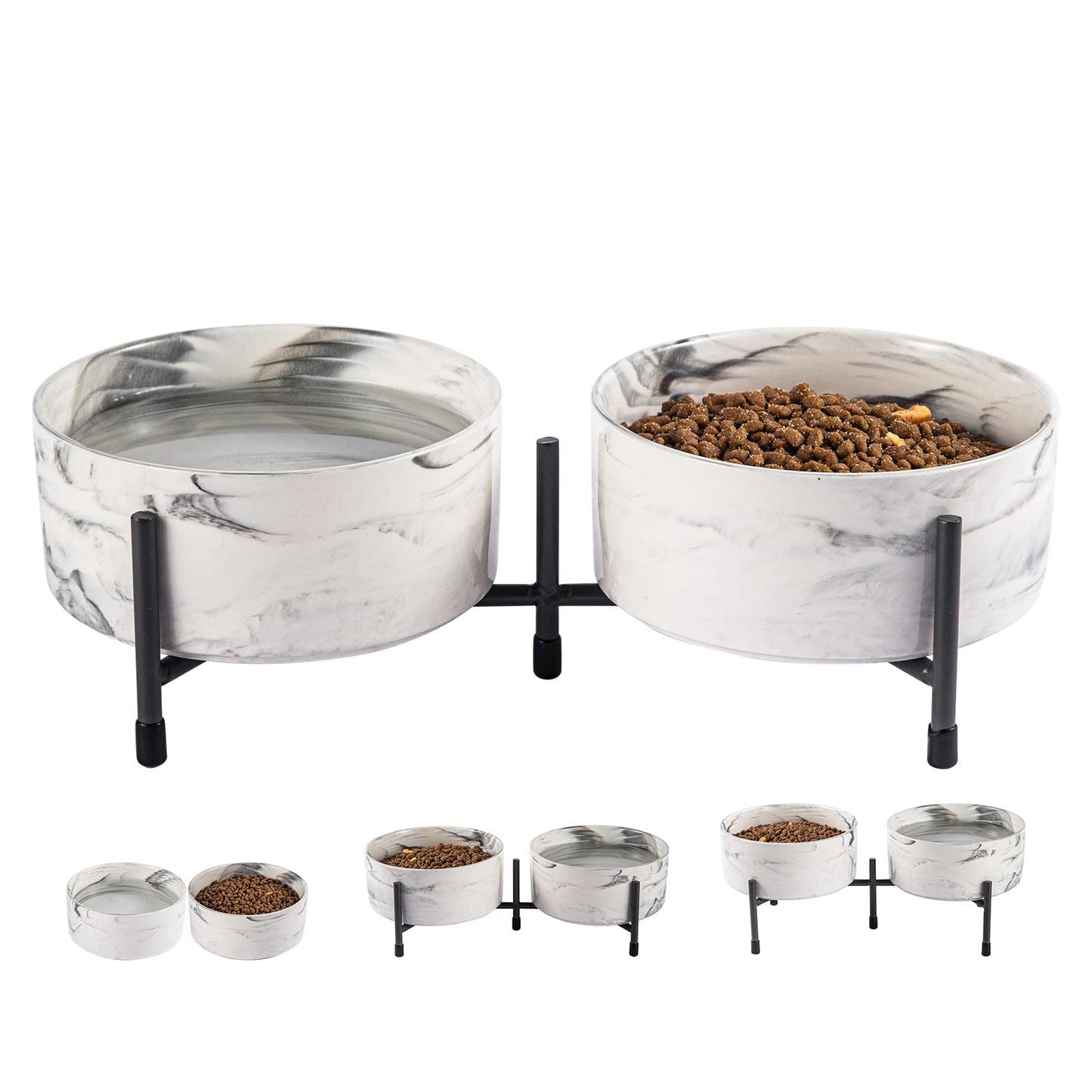 Cuencos de cerámica para perros y gatos de 32 onzas con soporte de metal elevado, juego de cuencos redondos de porcelana de 6 pulgadas, cuencos de alimentación para mascotas para gatos y perros, gris mármol, juego de 2