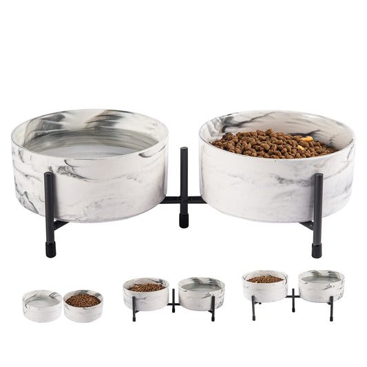 Cuencos de cerámica para perros y gatos de 32 onzas con soporte de metal elevado, juego de cuencos redondos de porcelana de 6 pulgadas, cuencos de alimentación para mascotas para gatos y perros, gris mármol, juego de 2