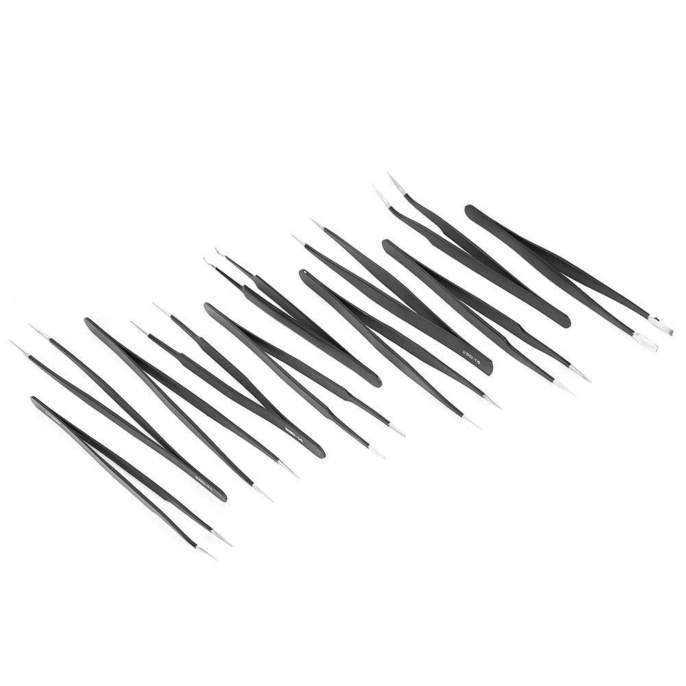 Garosa 11 piezas Juego de pinzas de precisión kit de pinzas antiestáticas ESD de acero inoxidable con bolsa portátil Kit de Herramientas de reparación para Reparación Electrónica(#1)